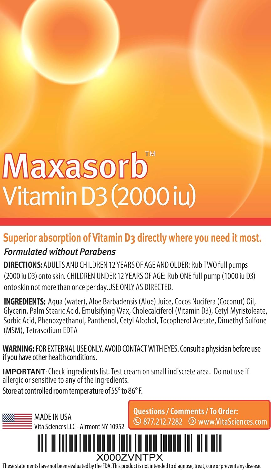 Vita Sciences Maxasorb Vitamin D3 Cream 2,000 IU | Topical Vitamin D3 Cream | Fast-Absorbing, Non-Greasy | Daily Skin Moisturizer | Paraben-Free | 1.7 oz