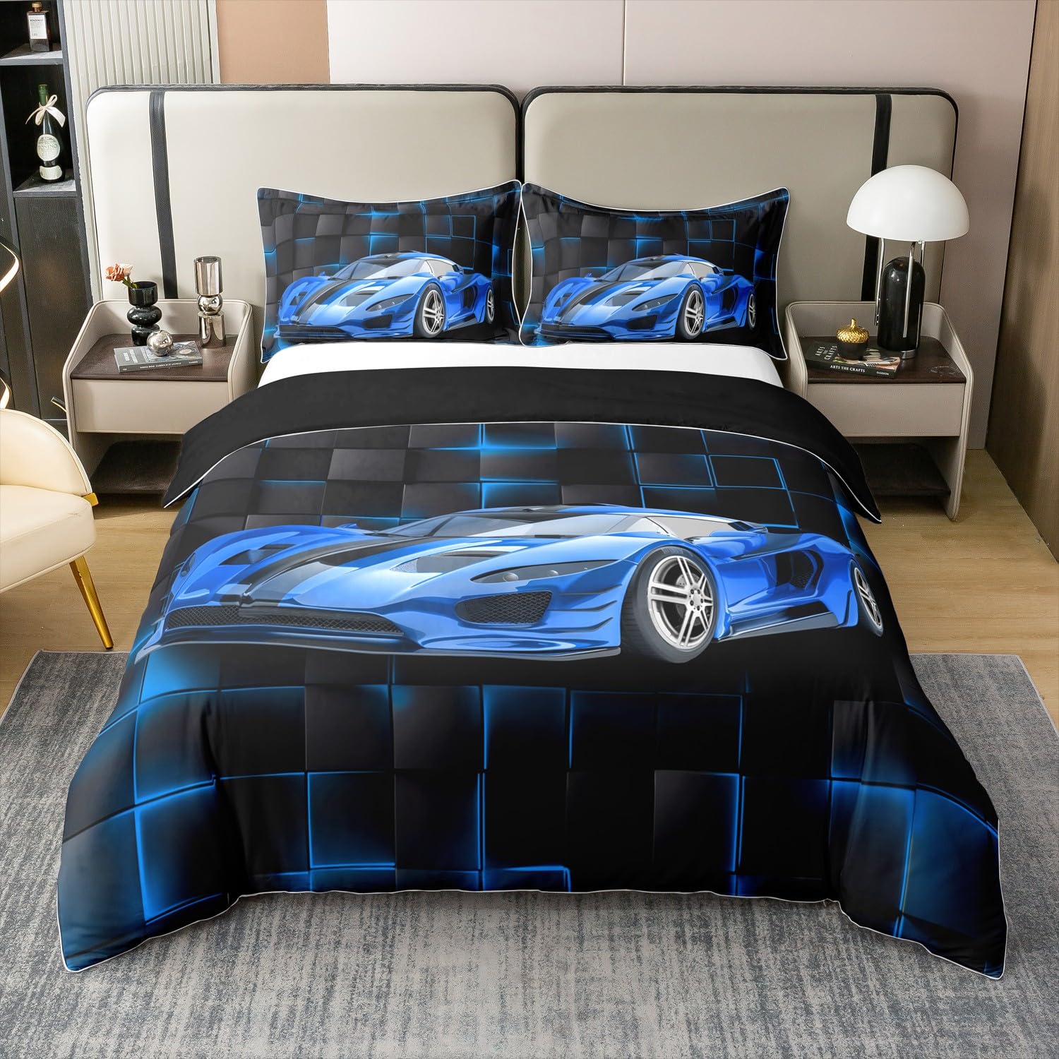Homemissing Blue Race Car Duvet Cover Set 100% Cotton Single Speed Sports Car Bedding Set Boys Geometric Honeycomb Comforter Cover Set Extreme Sports Automobile Bedspread Cover No Comforter