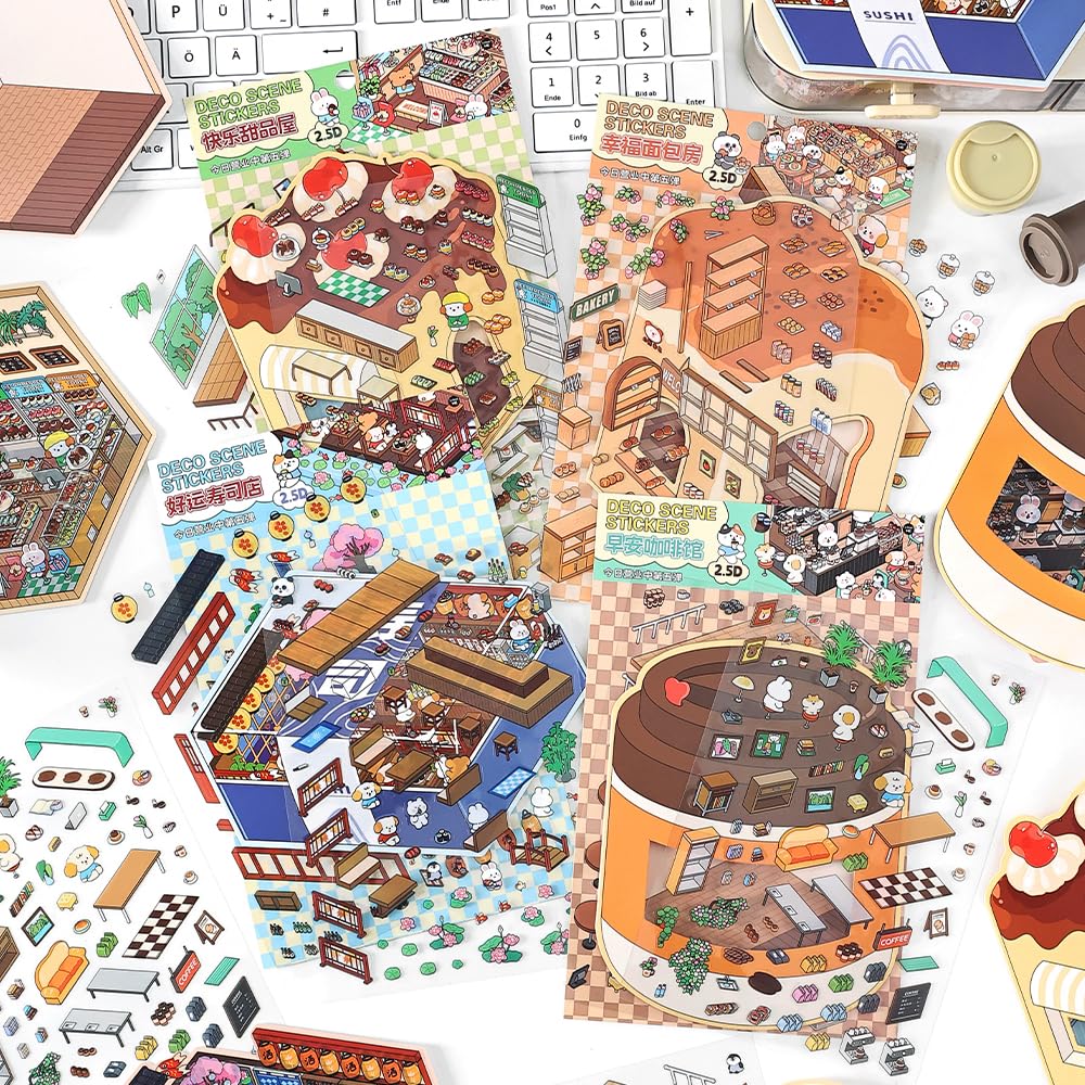 BRINTRUNG 8 Set 3D Isometric Room Stickers Book - Sticker Therapy for Adults & Kids, Creative DIY Scene Stickers (Gift Shop,House, Cafe) -