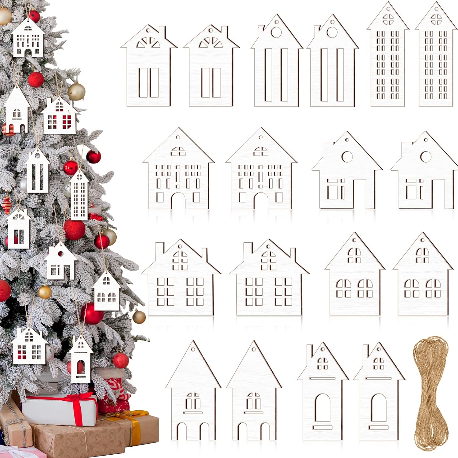 Christmas Wooden House Cutout Ornaments Xmas Tree Wooden Tag Hanging Decoration Double Side Wood DIY Craft Cutout with Ropes Ornaments for Christmas(Big,White) White Big
