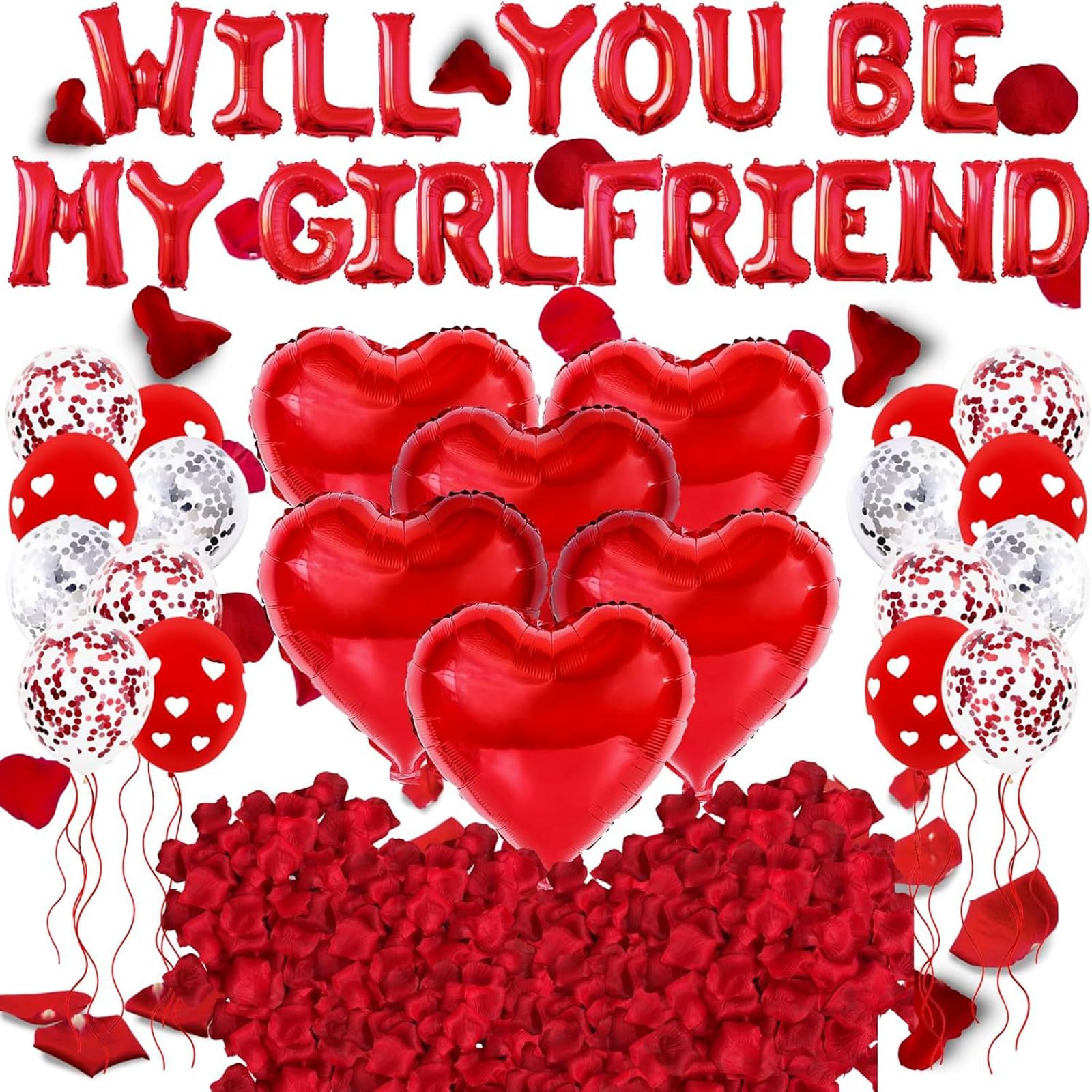 Will You Be My Girlfriend Balloons and Heart Balloons, Romantic Decorations for Proposal and Confession Scenes, Red Heart Balloons with Letter Balloons and Red Petals for Special Occasions