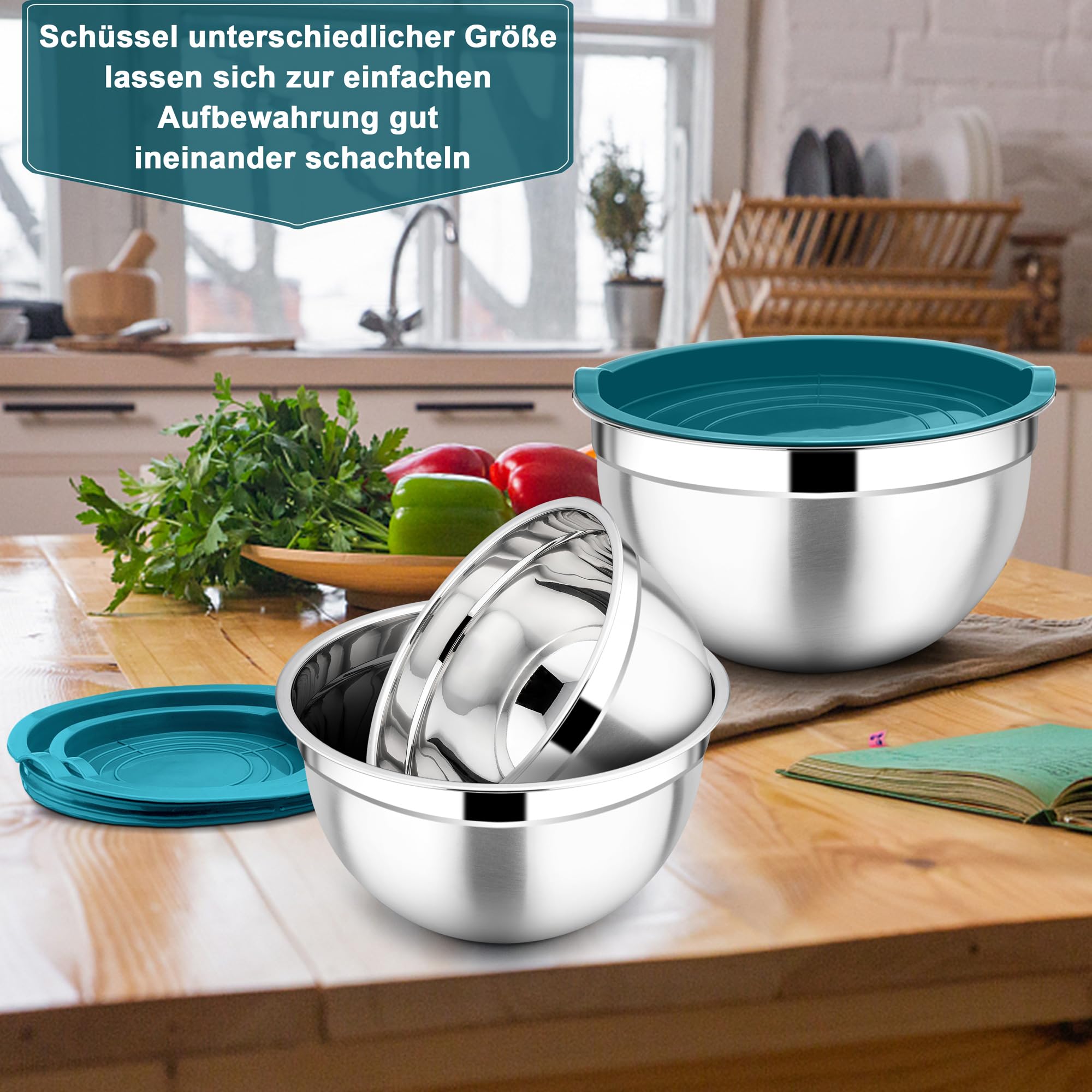 Joyfair Ciotola per insalata, 3 pezzi, in acciaio inox, con coperchio ermetico, impilabile, in metallo, per mescolare/servire/preparazione, lavabile in lavastoviglie, 4,5 l, 2,7 l, 1,5 l, blu
