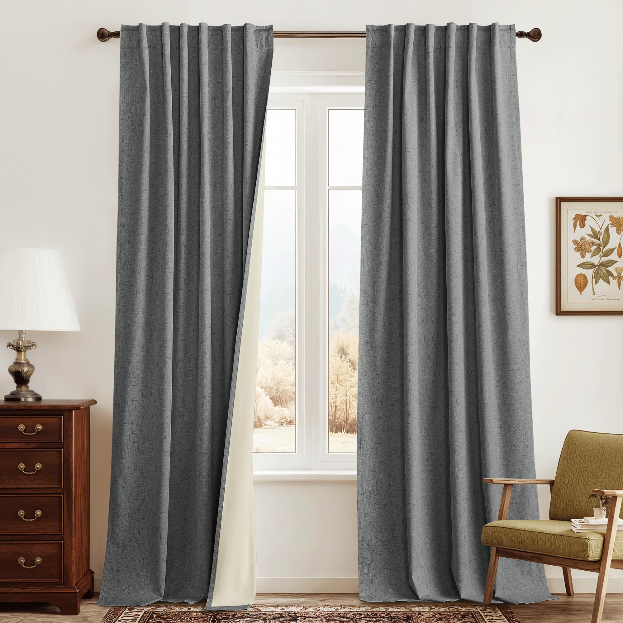 RYB HOME Grey Linen Blackout Curtains for Sliding Glass Door, 100% Blackout Linen Textured Thermal Privacy Modern Drape Panels for Dining Room Large