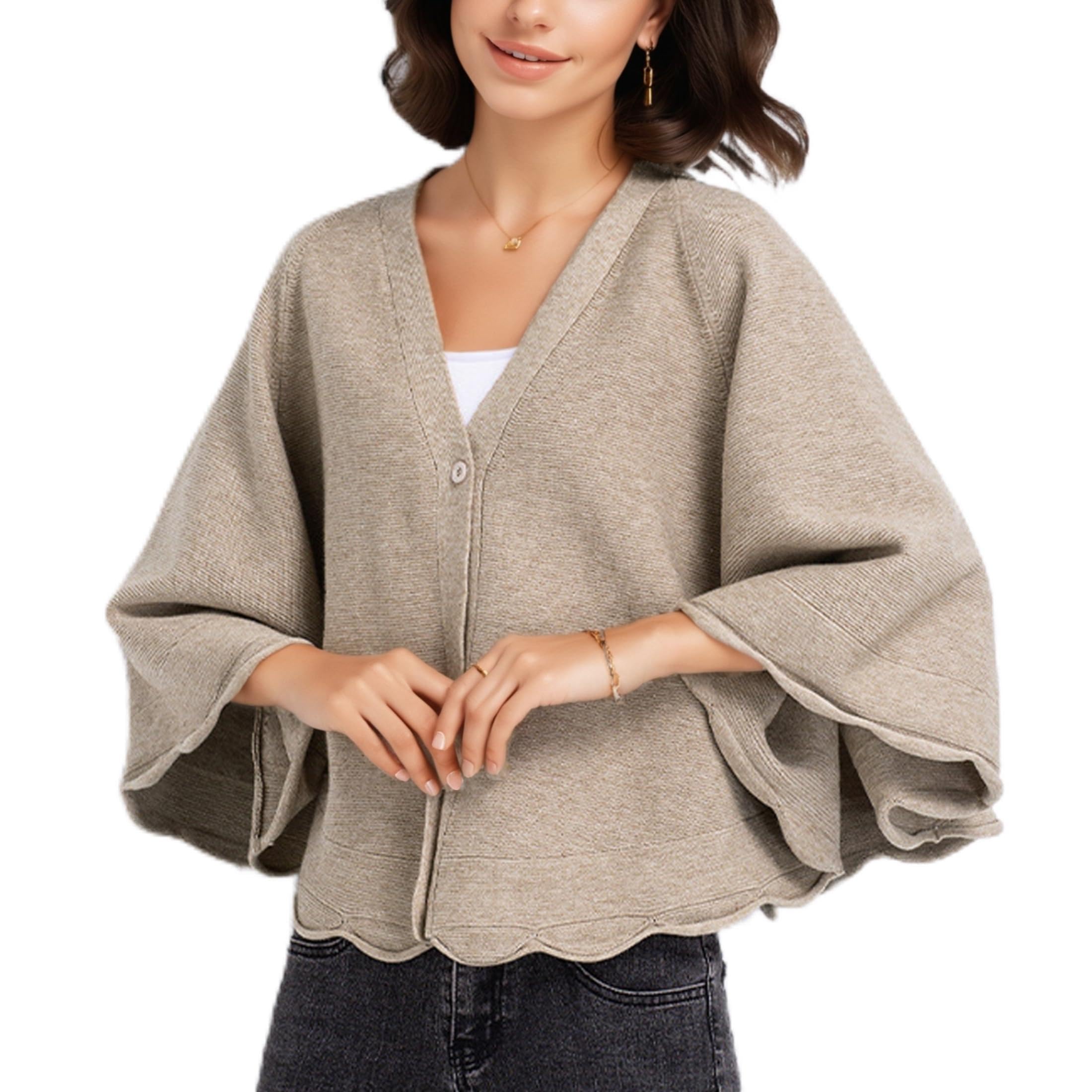 Womens Loose Cropped Knit Shawl Sweater Button Down V Neck Batwing Cardigans Lightweight Shrug Sweater