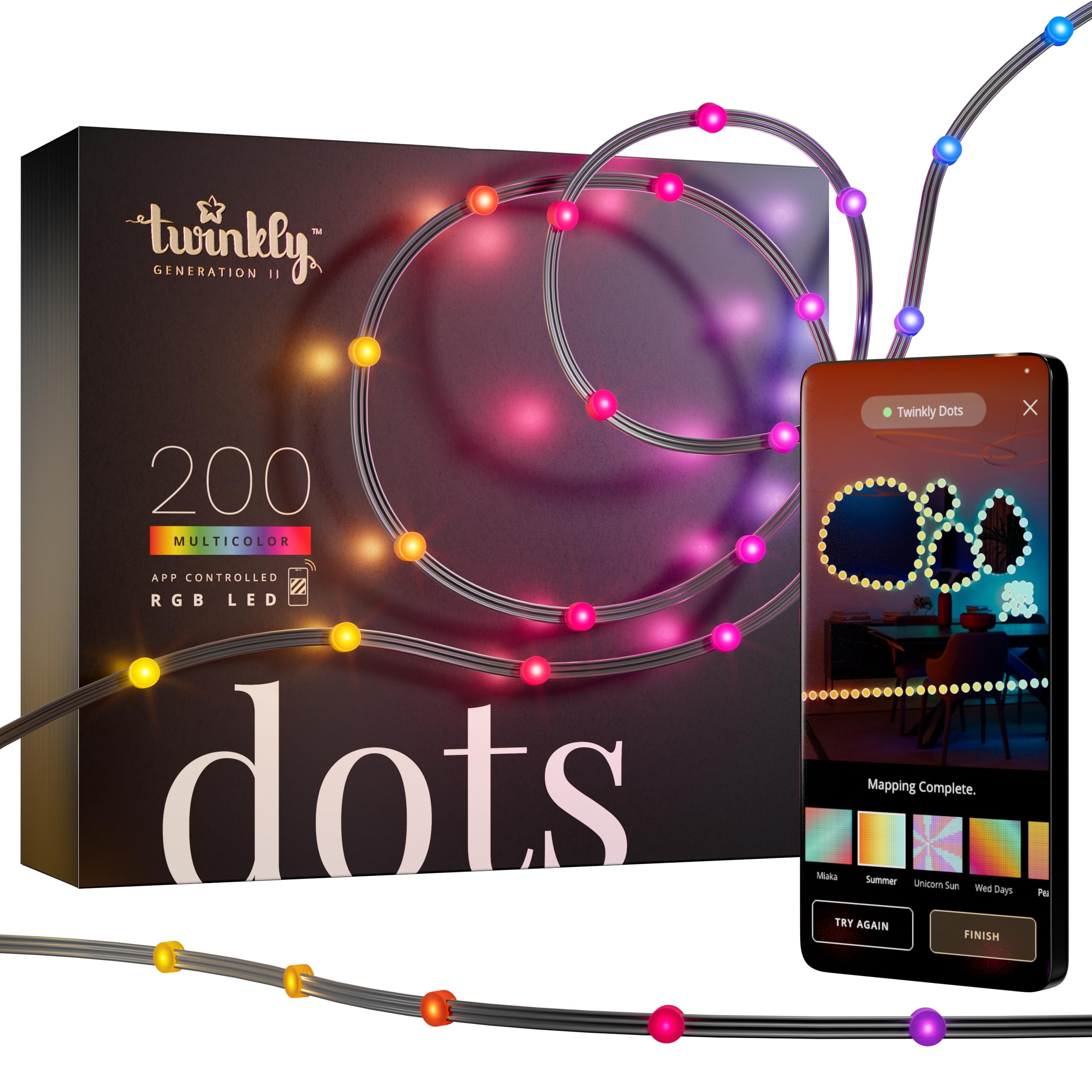 Twinkly Dots 200 RGB LED Lights - 10M Black Wire - Black