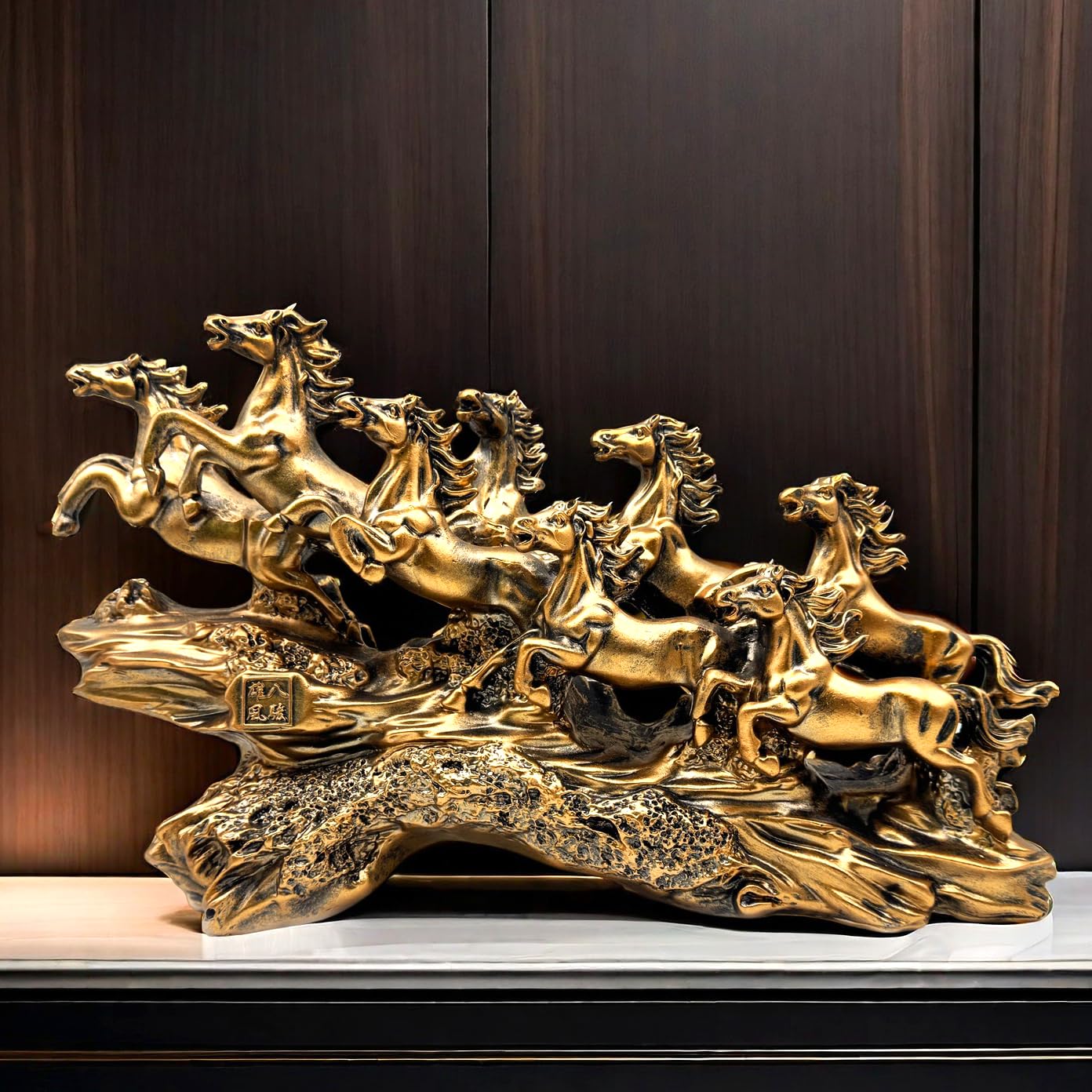 Funsxbug Bronze Chinese Feng Shui Horses Statue Sculpture - Resin Running Horse Figurines Home Office Decoration Tabletop Decor Ornaments For Wealth And Success Good Lucky Gifts