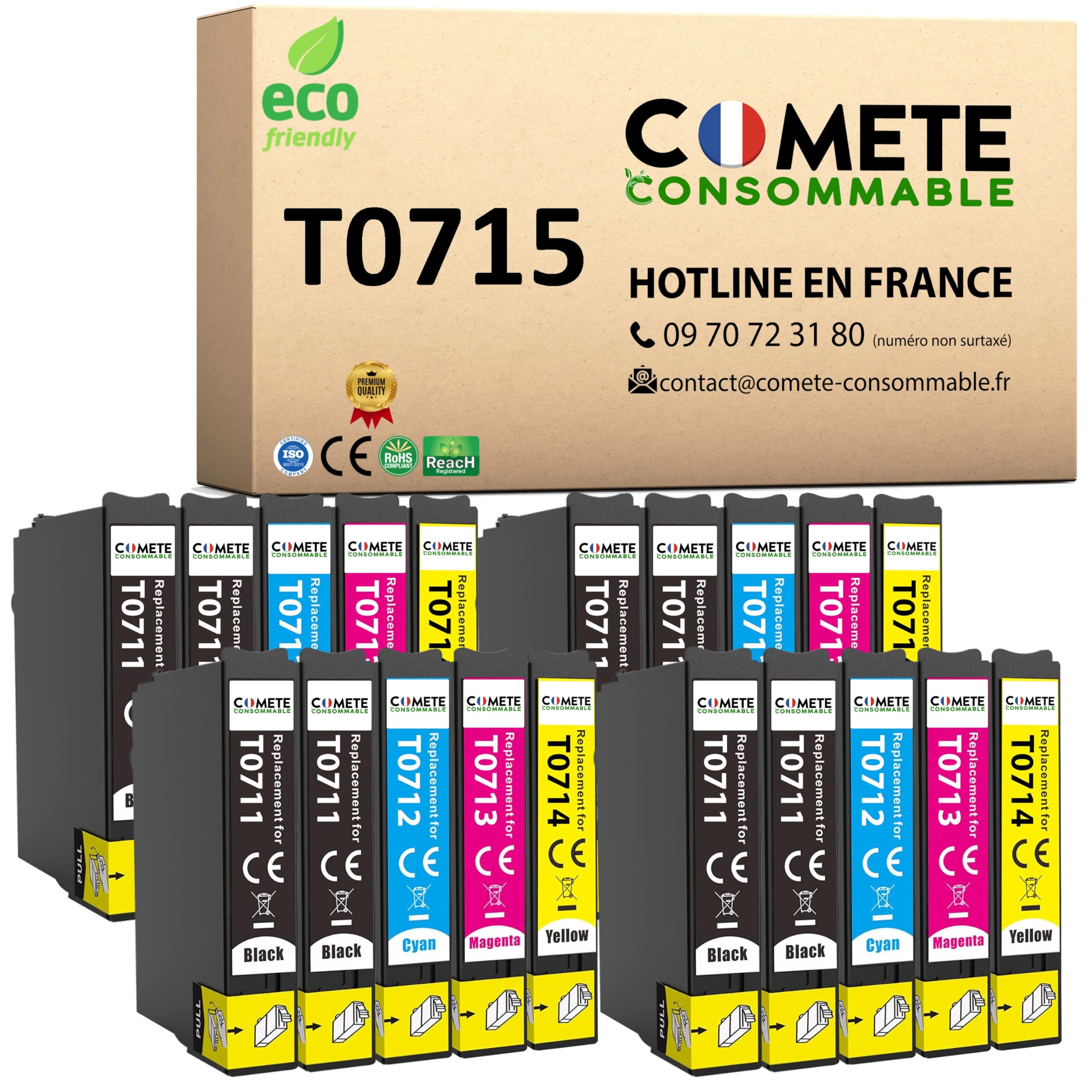 COMETE - T0715 - Pack 20 Cartucce d'Inchiostro Compatibili per Epson T0715 Ghepardo (T0711 + T0712 + T0713 T0714) - per Epson T0715 Stylus (8 Nero 4 Ciano 4 Magenta 4 Giallo)