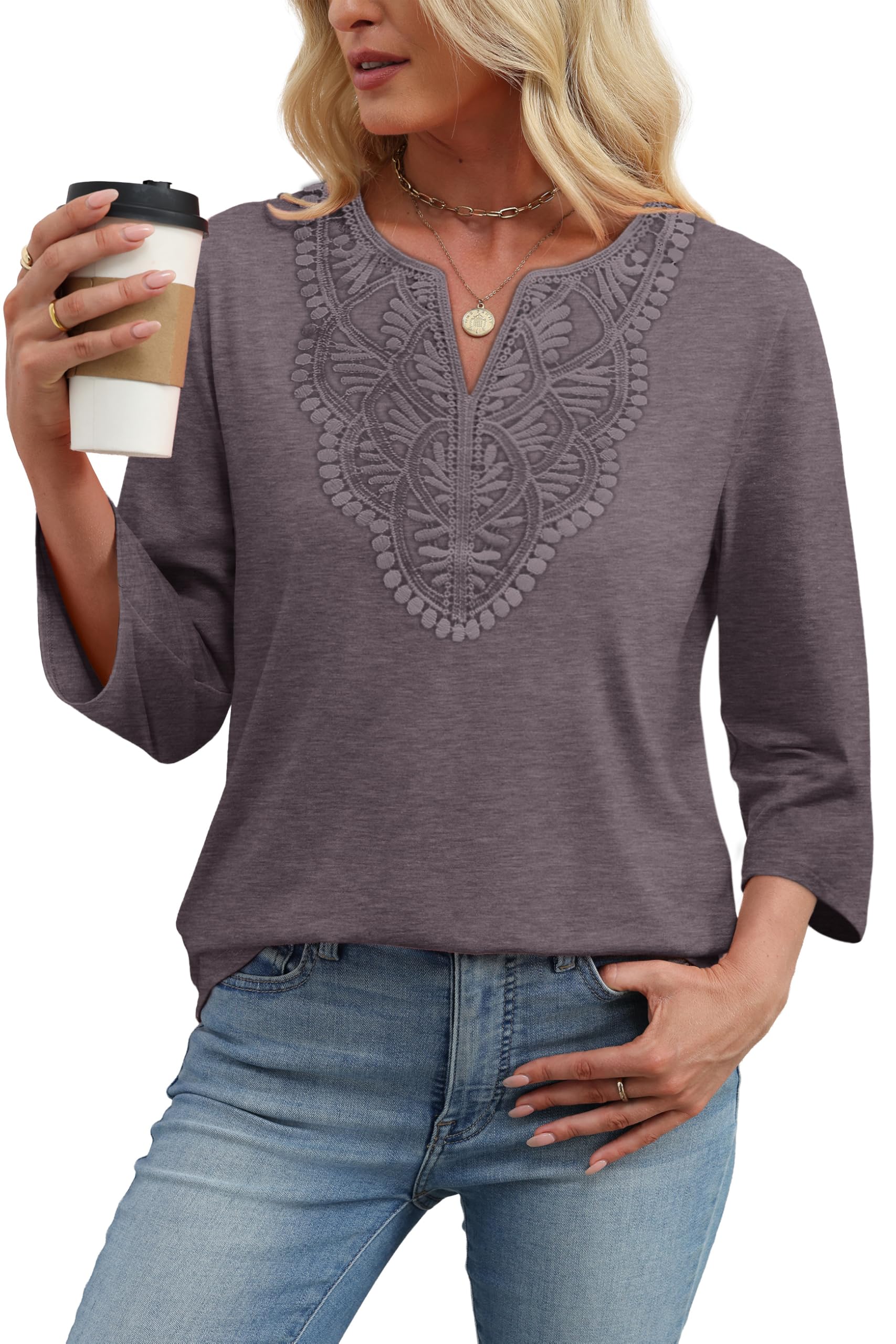 WIHOLL 3/4 Length Sleeve Womens Tops Boho V Neck Lace Shirt Trendy Blouses Dressy Casual Vacation Clothes S-3XL - 3