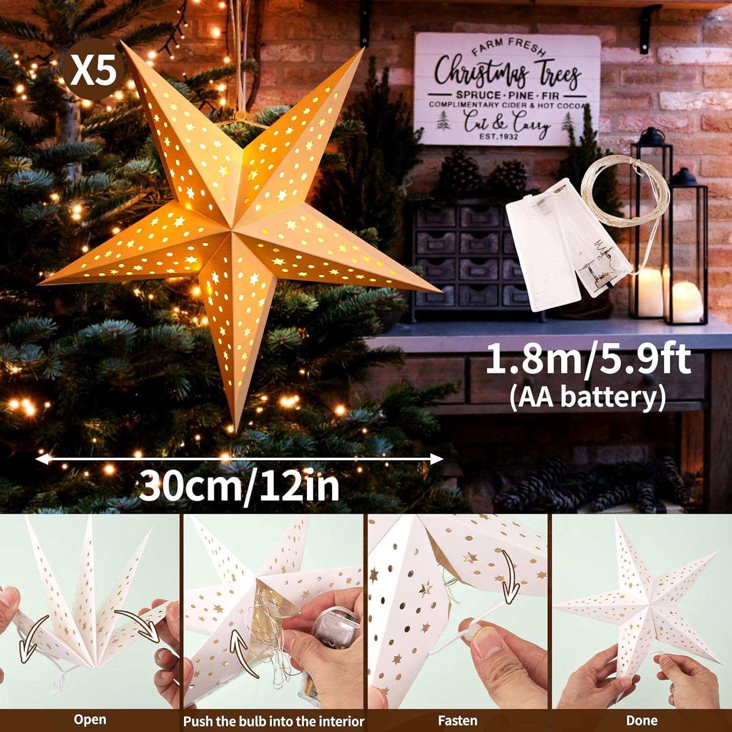SUNBEAUTY Christmas Paper Stars, Openwork Design 5 Pointed 12 Inch White Color Hanging Paper Star Lanterns, Christmas Decorations Hanging Lamp for Indoor Xmas Tree, Yard, Home Decor Birthday