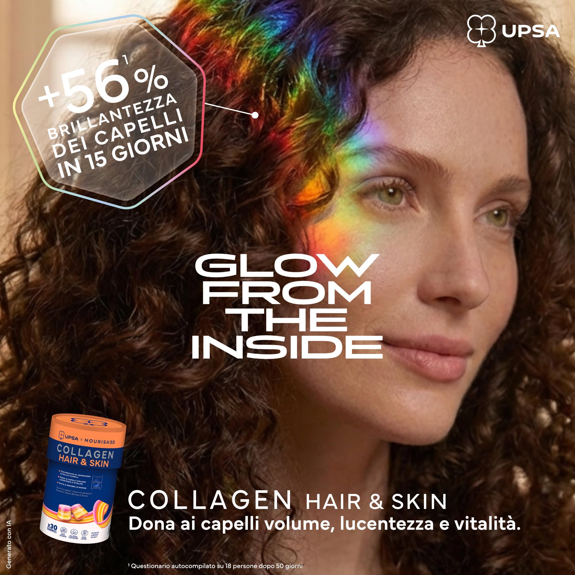 UPSA x Nourished Collagene Hair and Skin, con Biotina, 60 Gummies, Bipacco | Integratore Alimentare per benessere di pelle e capelli, con Ovoderm, Rame, Biotina, Gusto Frutta, Senza Zucchero Vegetariano