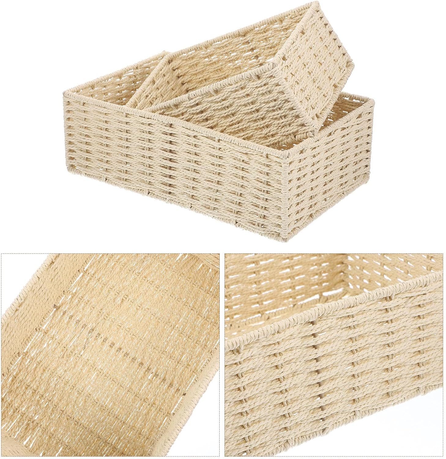 2pcs Woven Paper Rope Storage Basket, Hand-woven Beige Iron