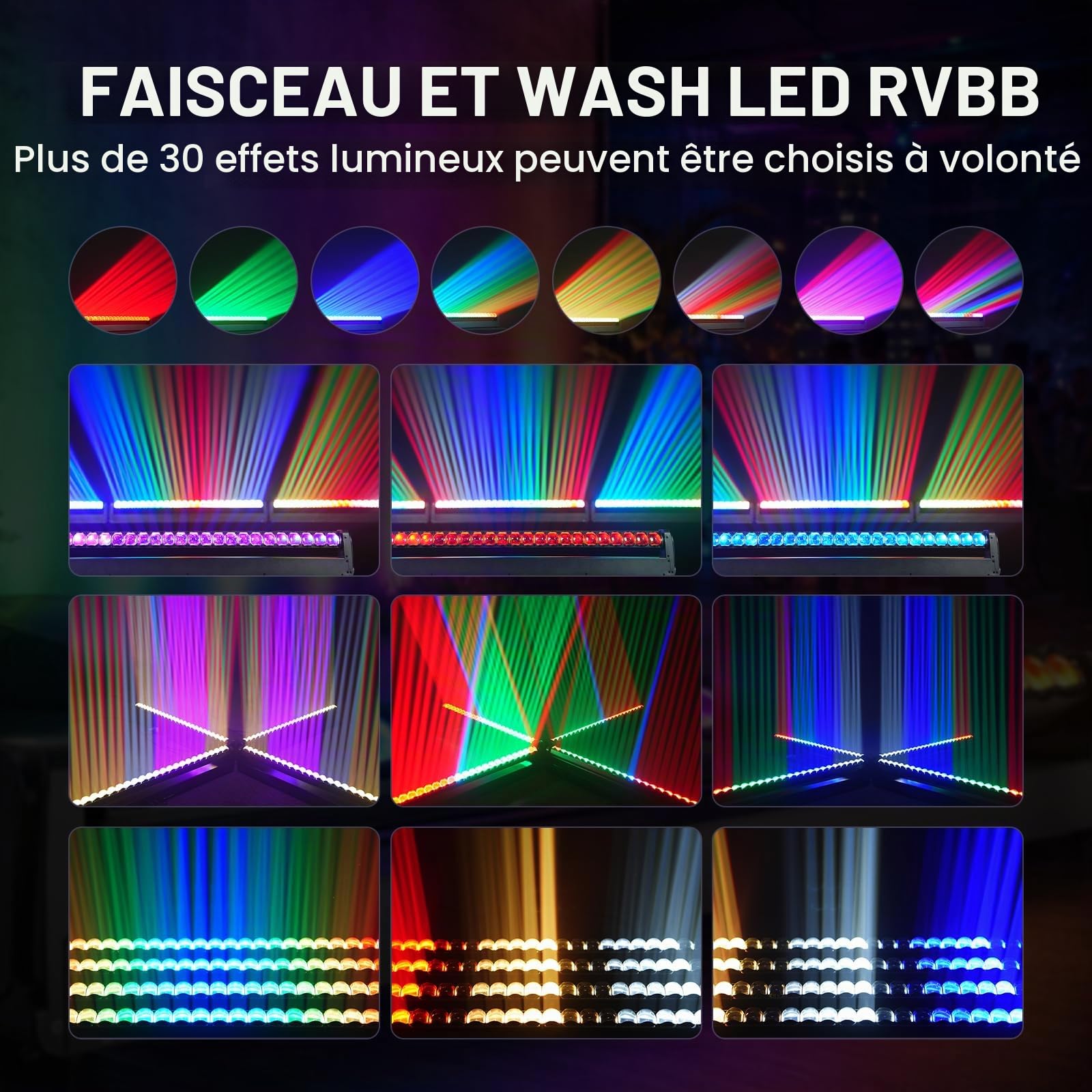 2PCS Barre de Projecteurs Wash Lyre LED RGBW 24x12W, Faisceau 2° Stroboscope et Variateur d-mx512 Activée par le Son pour Scène Mariage DJ Soirée Club