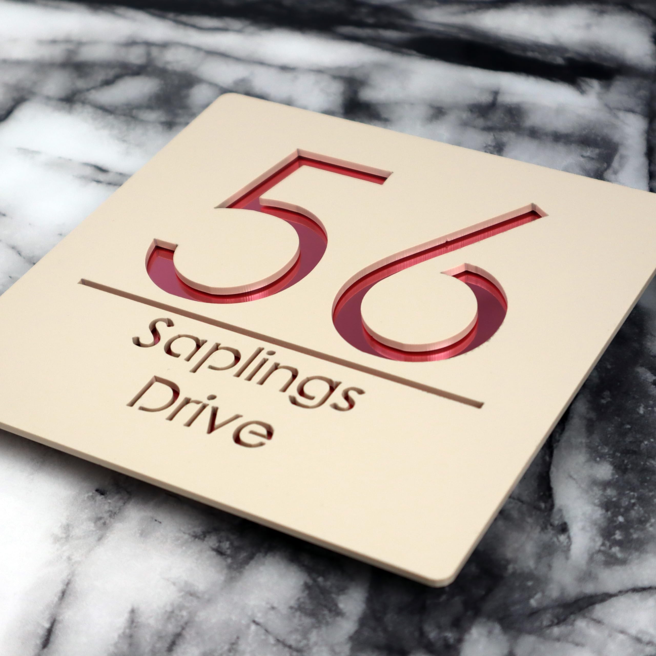 K Smart Sign | Bellissima S1 F31 | 180mm x 180mm | Acrylic 3d Laser Cut Contemporary house sign door number plaque address signs with Mirror and Marble Numbers (Matt Cream & Rose Gold Mirror)
