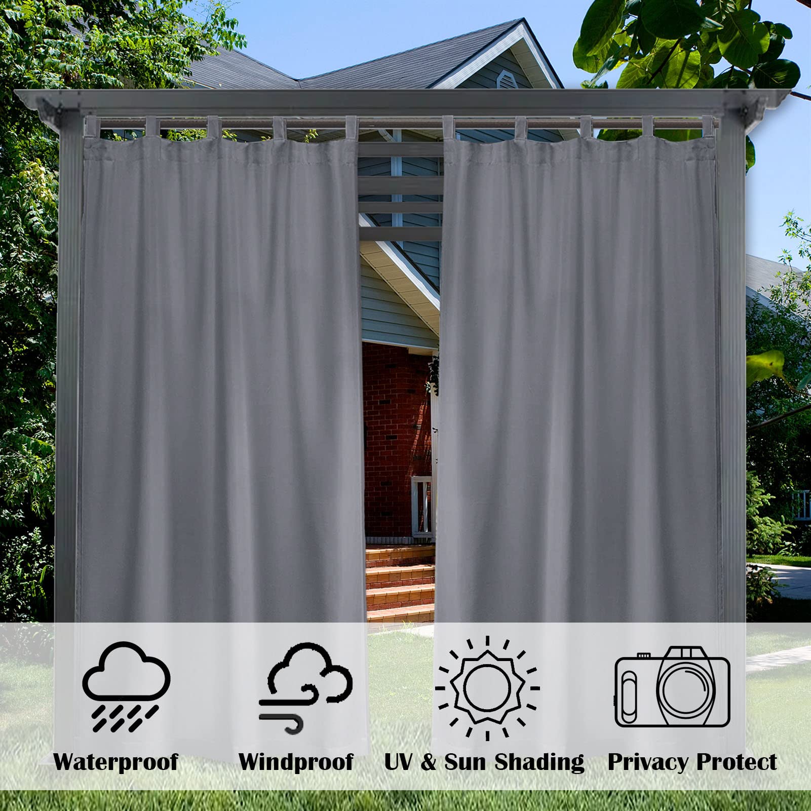 SK Studio Rideau Extérieur pour Pergola, Imperméable Coupe-Vent Protection UV Rideau avec Pattes Fixation Facile Décoration pour Terrasse Jardin & Patio, 1 Panneau Gris foncé, 253x241cm