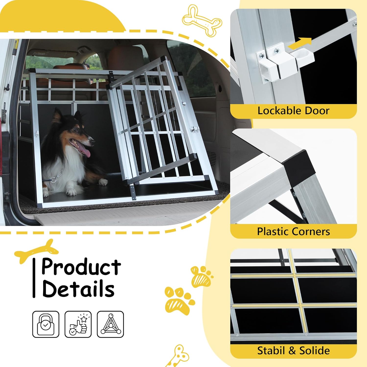Aluminium Pet Car Transport Cage, Puppy Travel Crate Box Trapezoidal Kennel Dog Cat Carrier Cage with Double Doors