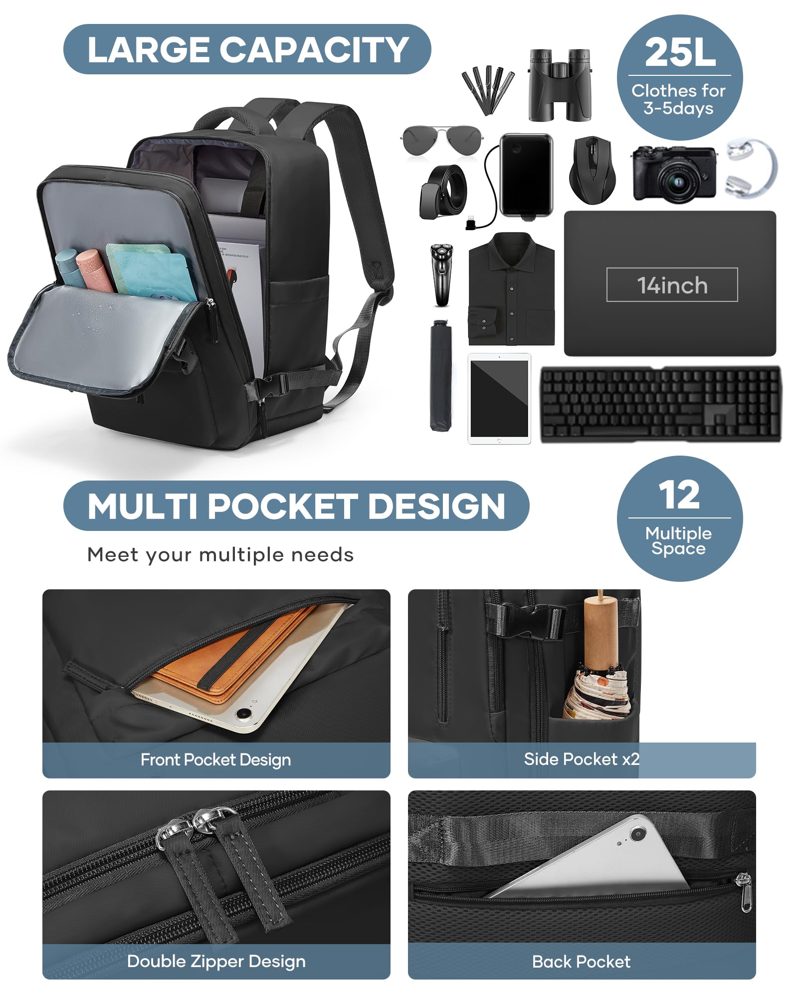 Borse da Cabina per Ryanair 40x20x25 Bagaglio a Mano Zaino Borsa Zaino da Viaggio, Zaino da trekking,da uomo, zaino casual per laptop da 14 pollici per scuola con porta di USB