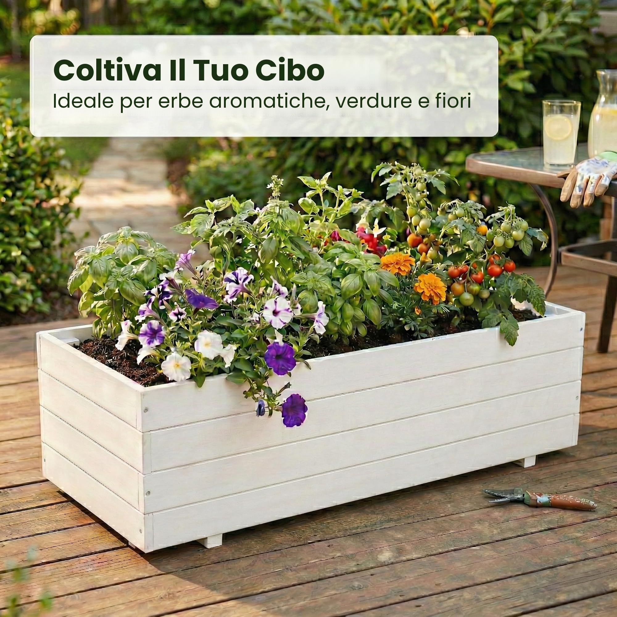 Fioriera in legno per esterni, grande, rettangolare, in legno FSC, 120 x 40 x 32 cm, bianco
