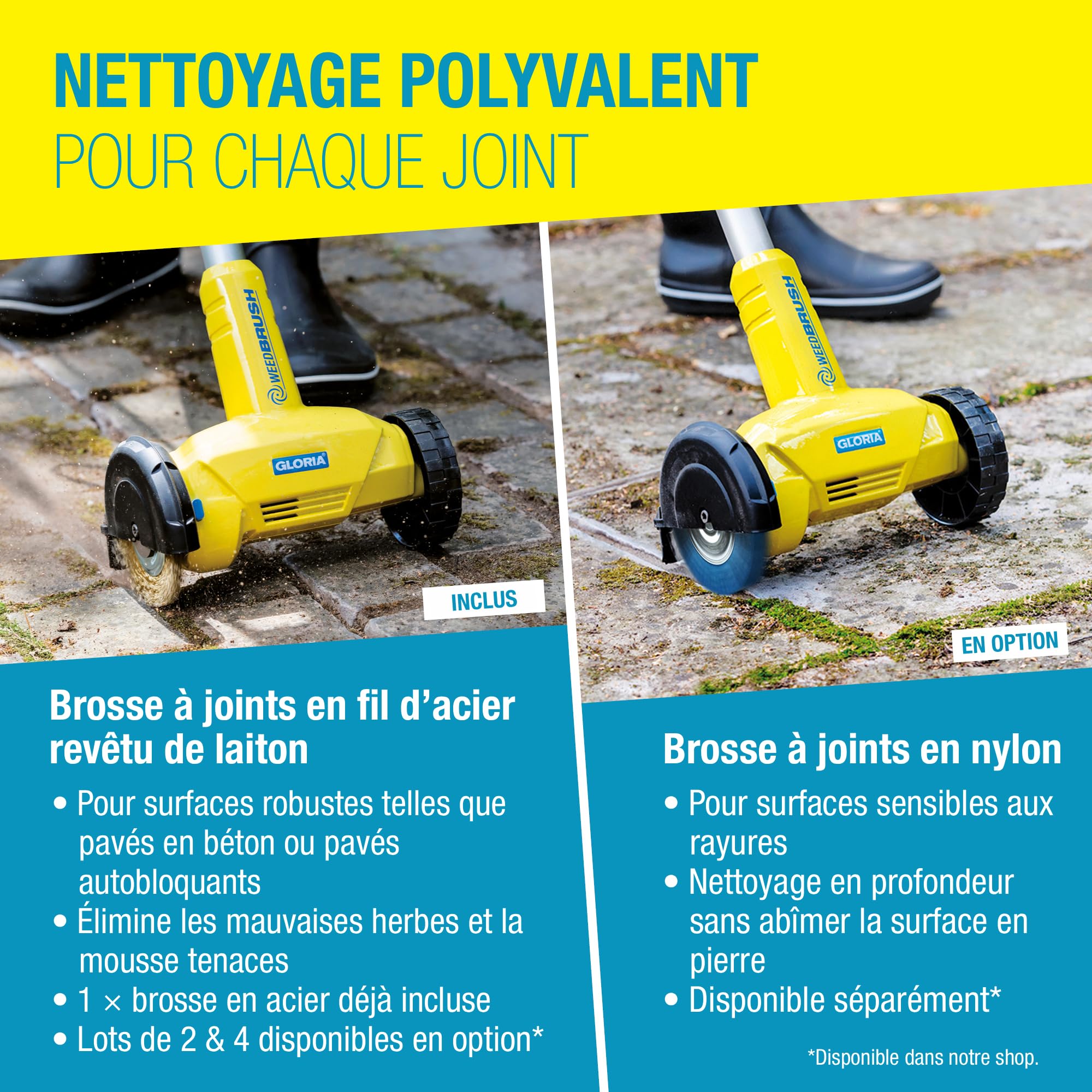 GLORIA Brosse à Joints WeedBrush li-on | Compatible Batterie Bosch 18V | Sans batterie | Brosse désherbeur pour terrasse, allée et pavés | Désherbage pierre & carrelage | Brosse métallique incluse
