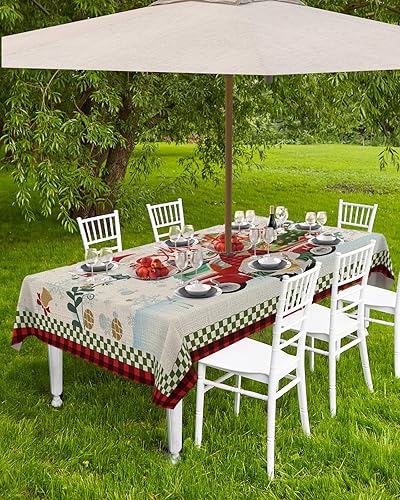 Miniatura 4 de Outdoor Tablecloth with Umbrella Hole &amp; Zipper, Christmas Gnome Rectangle Tablecloth 52x70 Inch, Rustic Xmas Tree Snowflake Red Black Teal Plaid