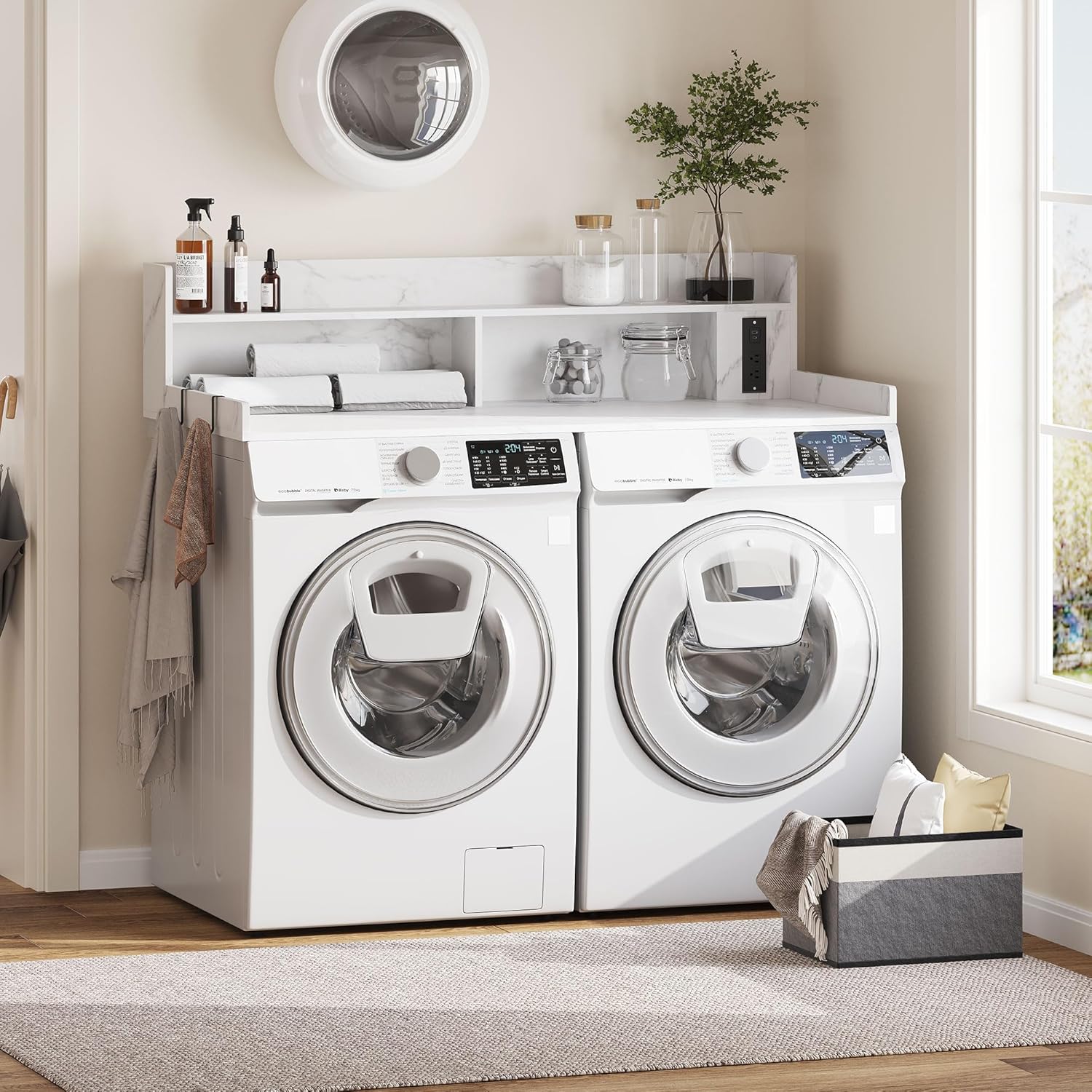 Upgraded 2-Tier Washer and Dryer Countertop with Power Outlet,54" W x 27.6" D Large Laundry Countertop for Fold Clothes, Laundry Topper with Non-Slip Pads & Metal Hooks and Storage Basket