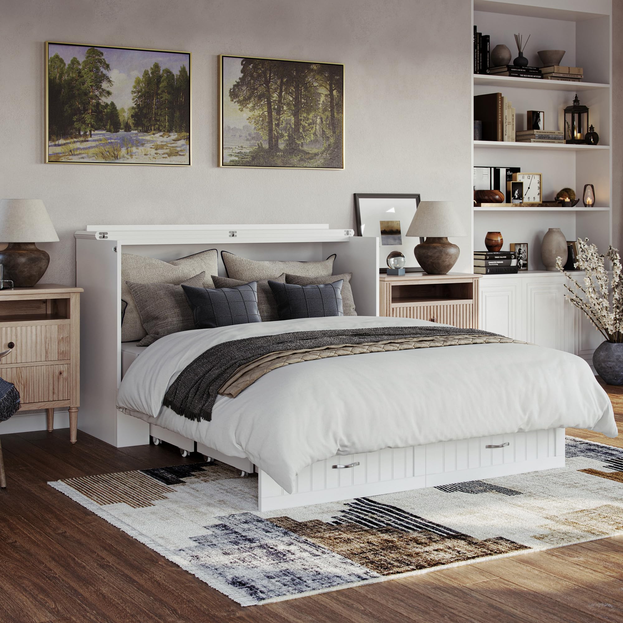 AFI, Aspen Mid-Century Modern Queen Solid Wood Murphy Bed Chest with Mattress in White