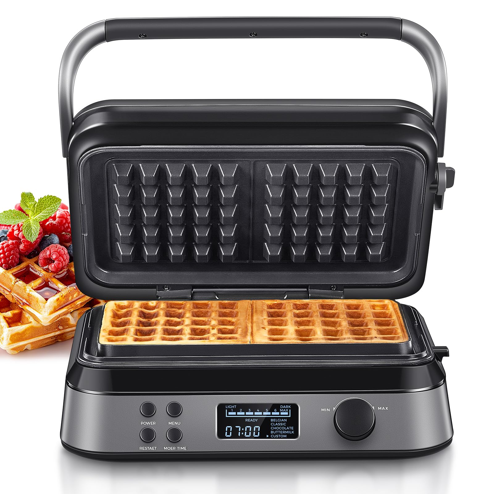 Waffeleisen 1600W, Doppelwaffeleisen für Belgische Waffeln, 5 Programme, 7 Bräunungsstufen, Steuerung über LCD Display, Timer, Praktische Überlaufrille, Edelstahl (Black)