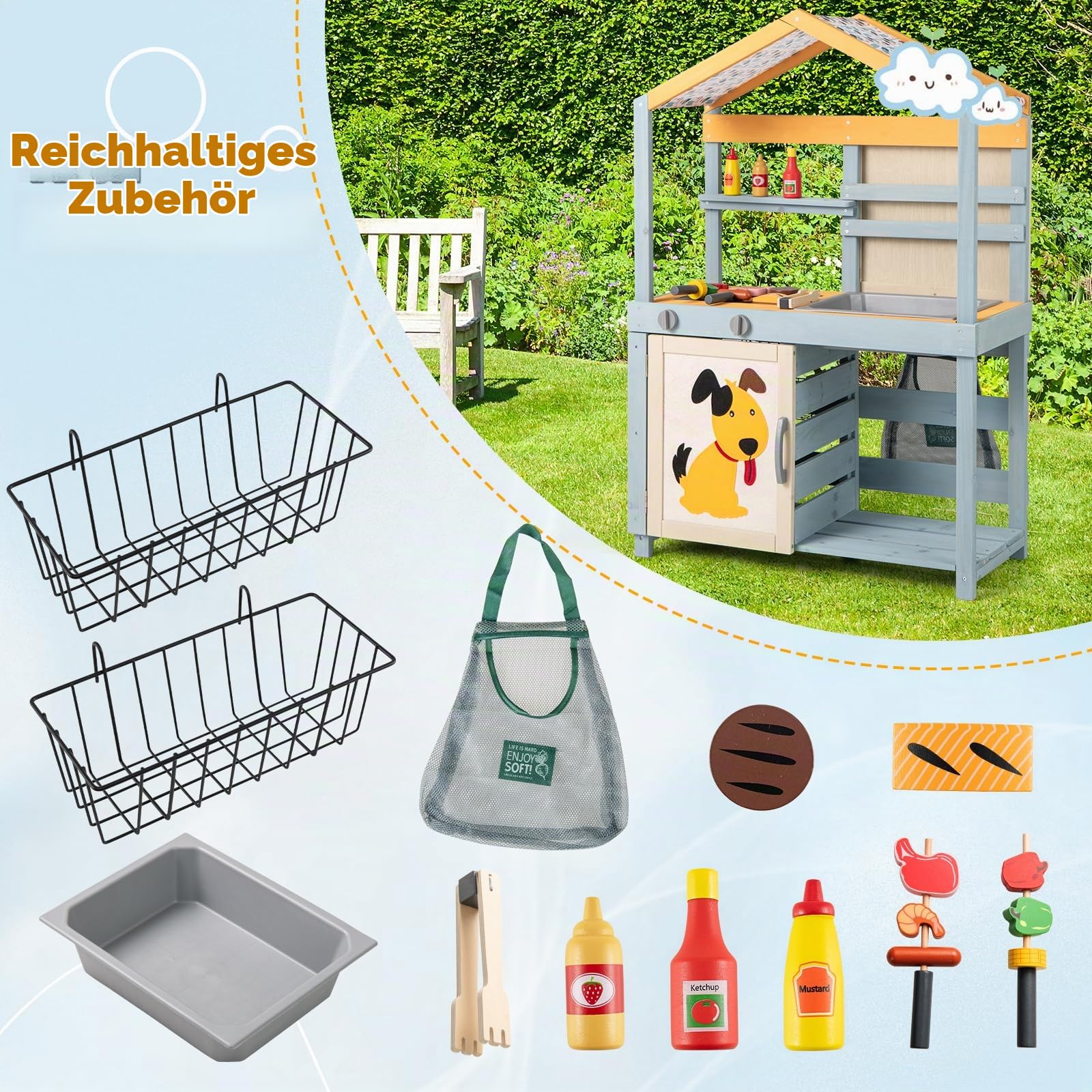 HOMASIS 3 in 1 Matschküche Kinder Outdoor, Kinderküche mit BBQ-Grill Tafel Waschbecken Spüle, doppelseitige Spielküche mit 17 Zubehör, Spielzeugküche aus Tannenholz, Gartenküche für Kinder ab 3 Jahren