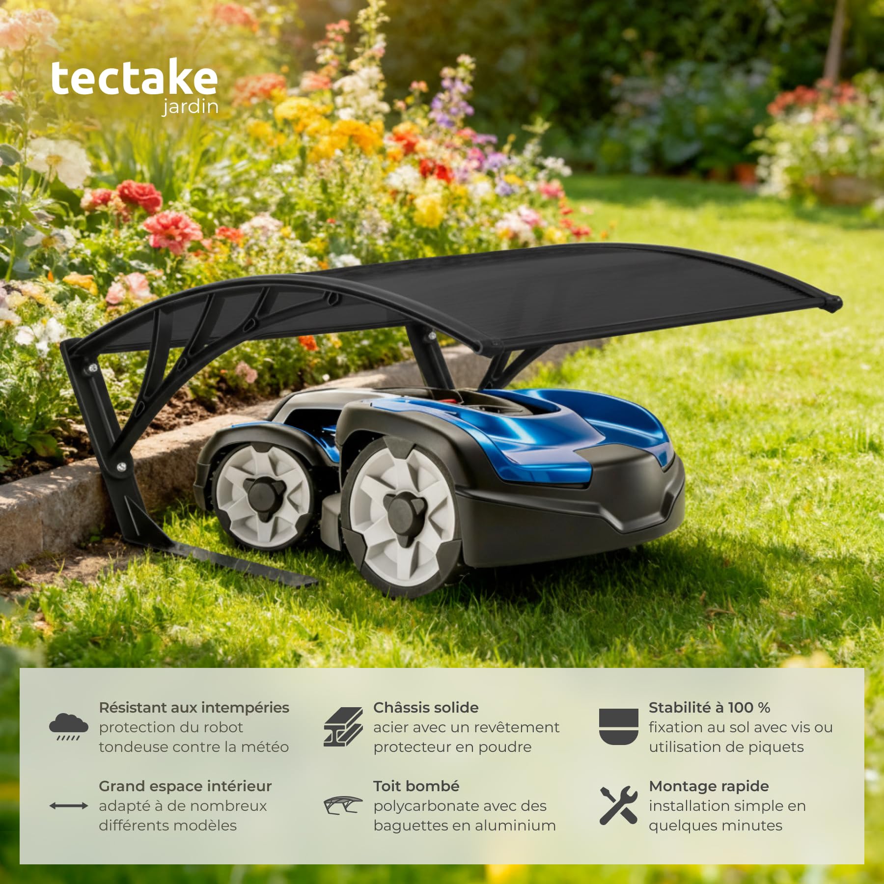 tectake® Abri Garage pour Robot Tondeuse, Abri de Jardin pour Robot Tondeuse sans Fil périphérique, Auvent Résistant aux intempéries & UV, Fixation au Sol ou ancrage avec des piquets Inclus