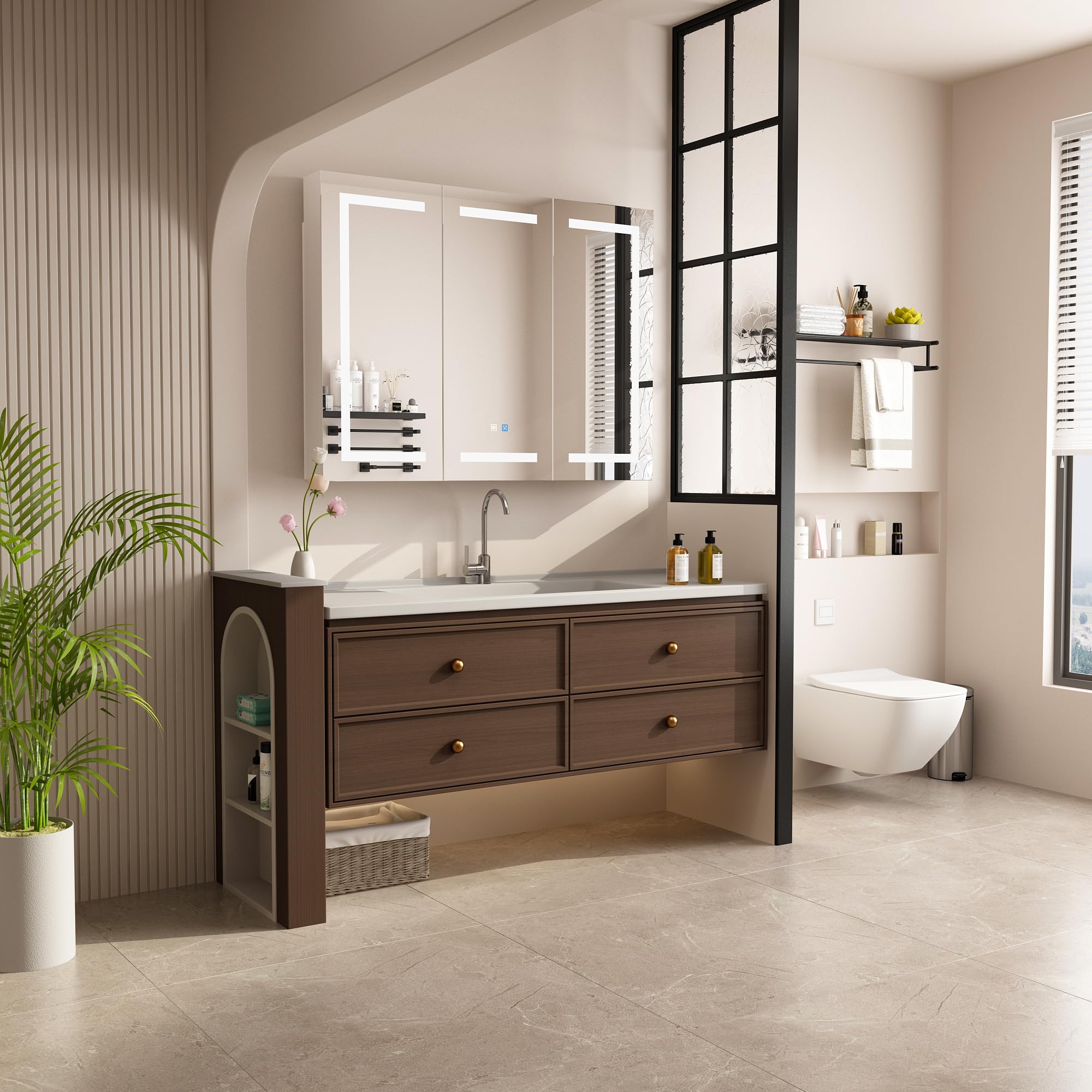 Armario de Baño con Espejo LED, Mueble Espejo de 3 Puertas con Luz, Interruptor Táctil y Estantes, 120 x 15 x 90 cm