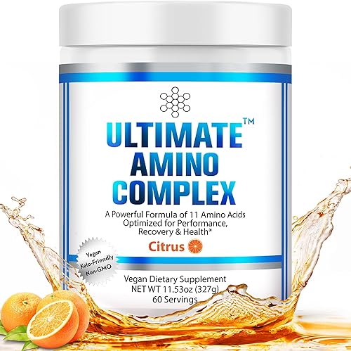 Ultimate Suplemento de complejo de aminoácidos (sabor cítrico, 60 porciones, 0.14 oz cada uno) Los 9 EAA Aminoácidos en polvo con BCAA, L-lisina,