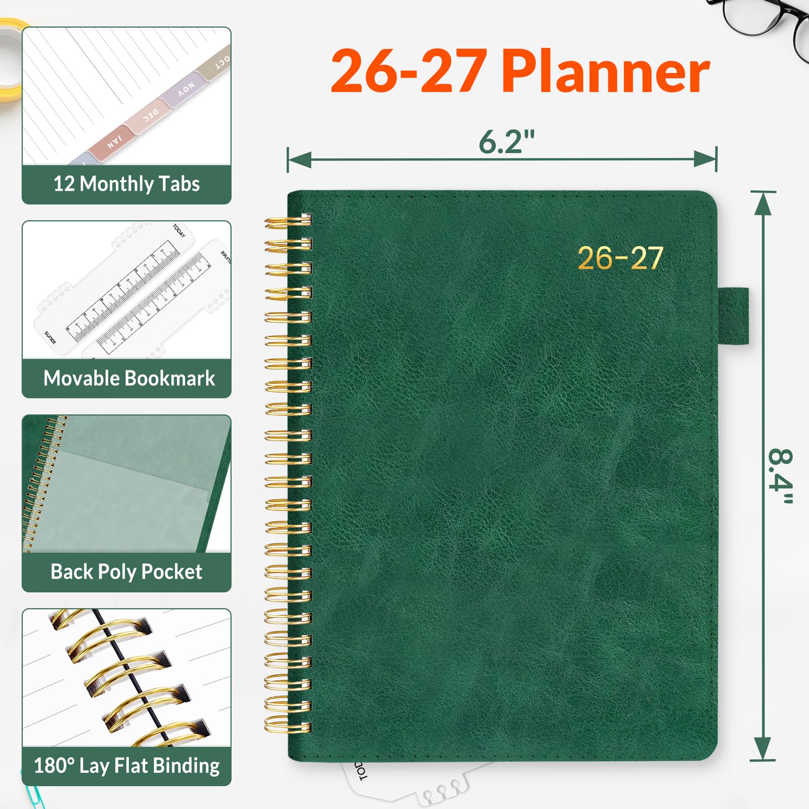SUNEE Agenda settimanale e mensile 2026-2027, 16,3 x 21,6 cm, 12 mesi (luglio 2026 - giugno 2027), copertina in pelle vegana, calendario accademico, tasca, appunti, scheda mensile, verde scuro