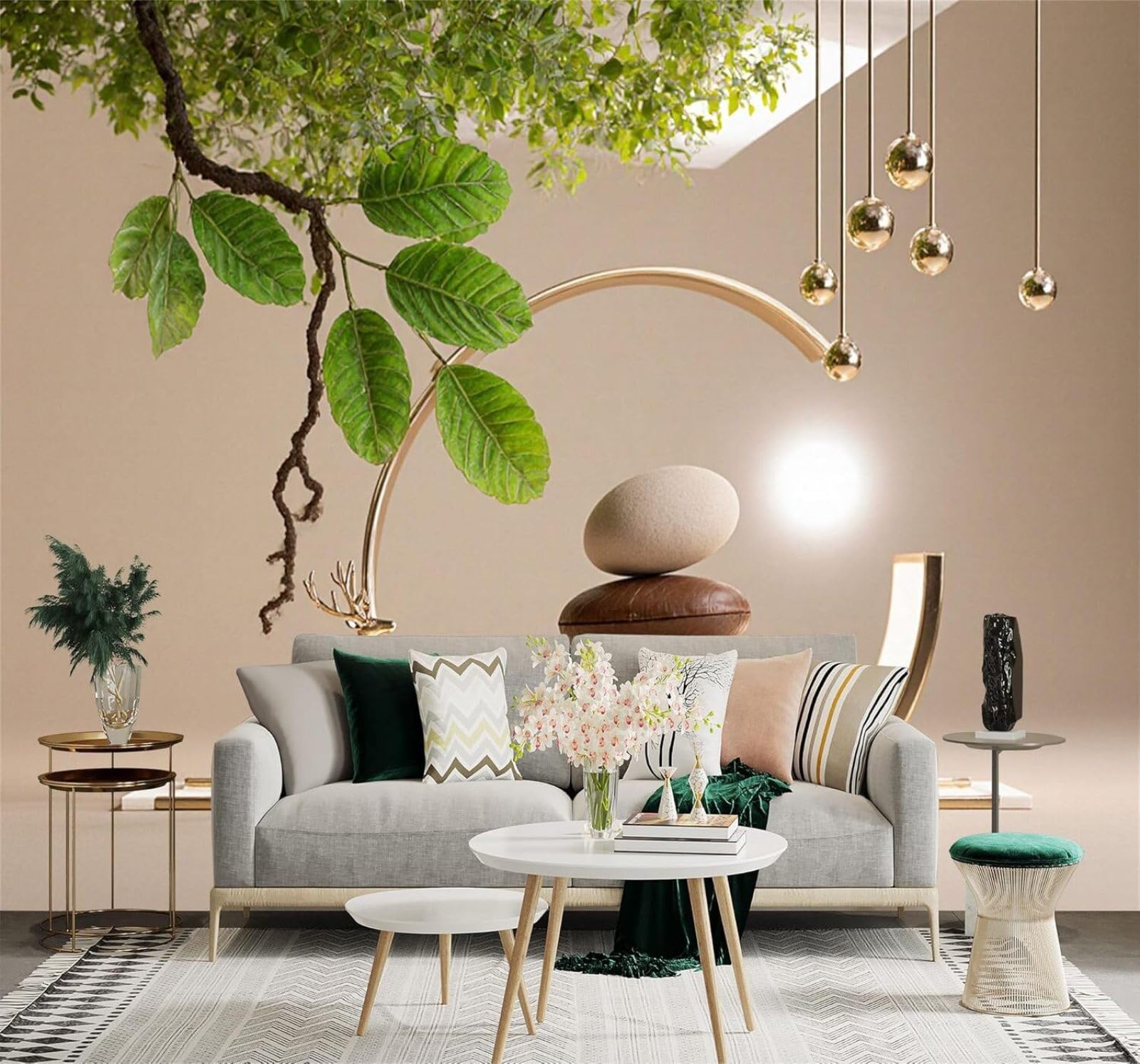 Xlming 400Cm×280Cm(B×H) Golden Deer Zen Stones Green Leaves Abstract Creative Art 3D Wallpaper Premium Textured Silk Study Dining Living Room Bedroom Sofa Tv Wall Easy Install-400Cm×280Cm