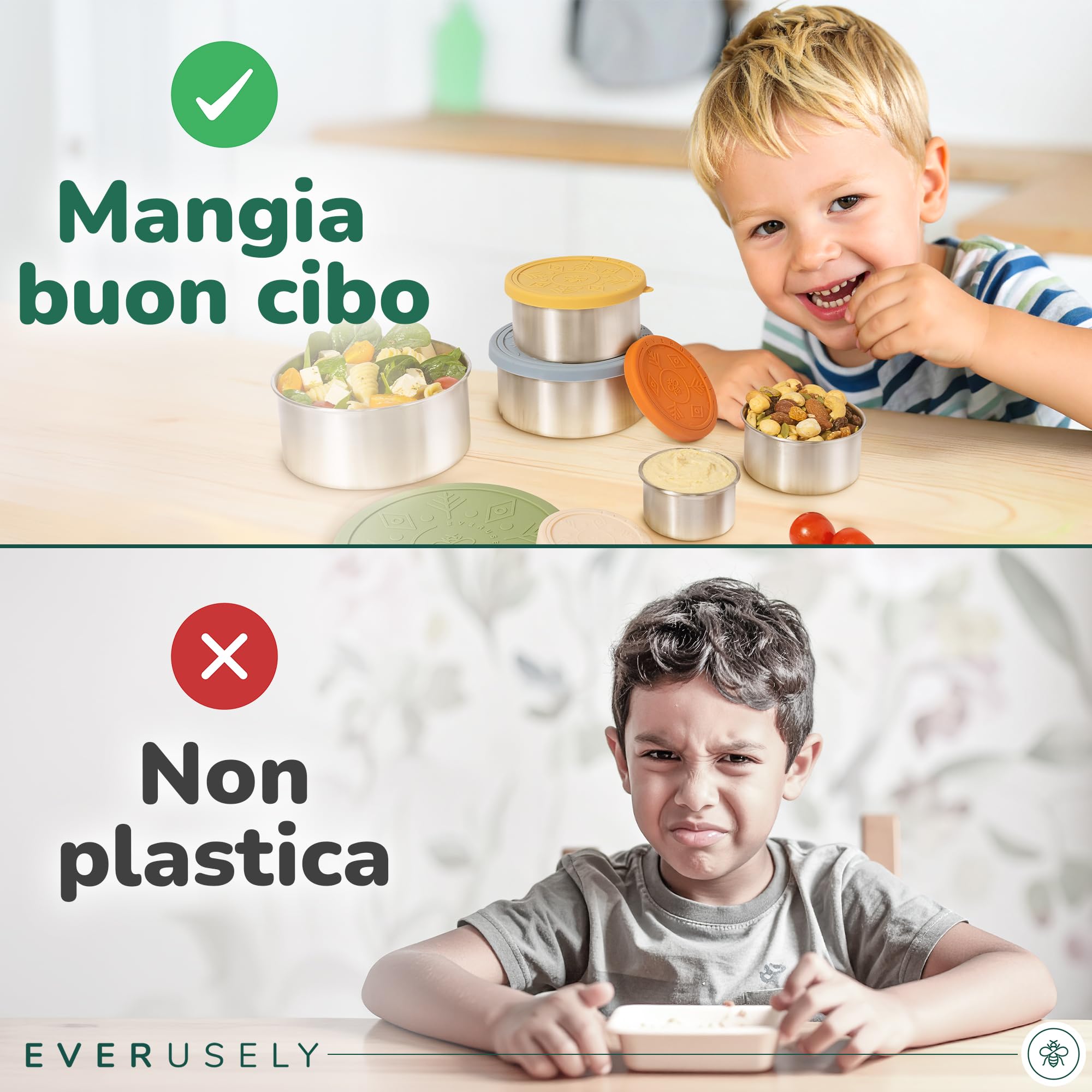Everusely - Porta pranzo in acciaio inox con coperchi ermetici - Set da 5, collezione Muted - Porta pranzo ermetico - Contenitori per alimenti impilabili