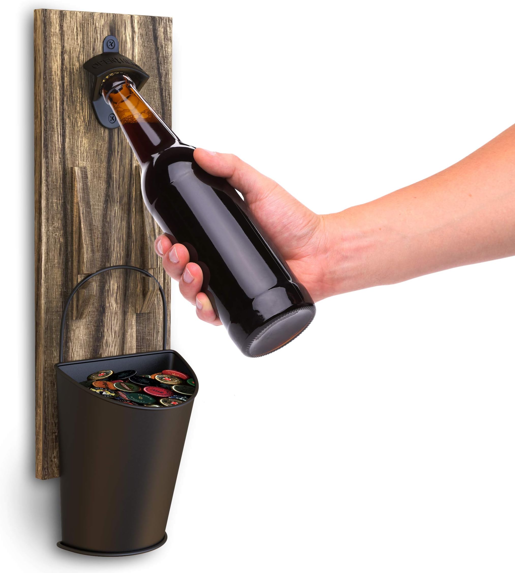 Wooden Wall Mount Bottle Opener with Stainless Steel Cap Catcher, Vintage Wood Design for Home, Bar, Patio, Outdoor Decor, Ideal Gift for Men