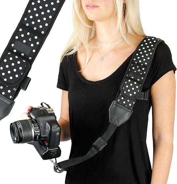 USA Gear DSLR Camera Strap with Adjustable Shoulder Sling in Neoprene, Accessory Pocket and Quick Release Safety-Compatible with Canon, Fujifilm, Nikon, Olympus, Panasonic, Pentax, Sony, etc-Polka Dot