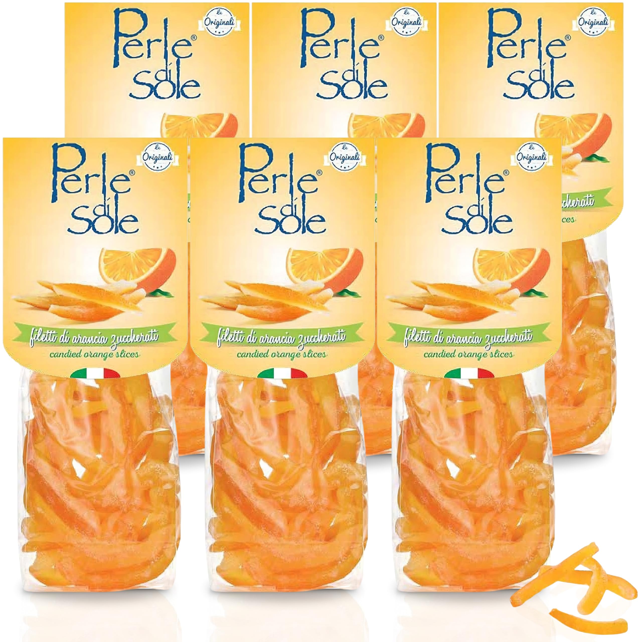 Perle di Sole Candied Orange Peels Dipped in Sugar - Italian Candied Orange Peel Slices for Baking and Snacking - 6 Pack (3.5 oz | 100 g)