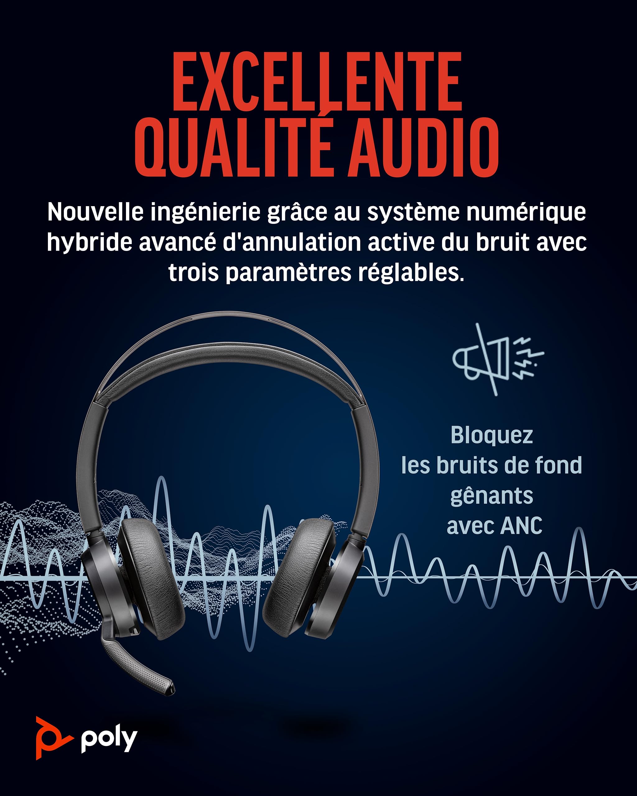 Micro-casque sans fil Poly Voyager Focus 2 UC avec microphone - Annulation active du bruit (ANC) - Connexion à un PC/Mac/Téléphone portable via Bluetooth - Fonctionne avec Teams (certifié), Zoom