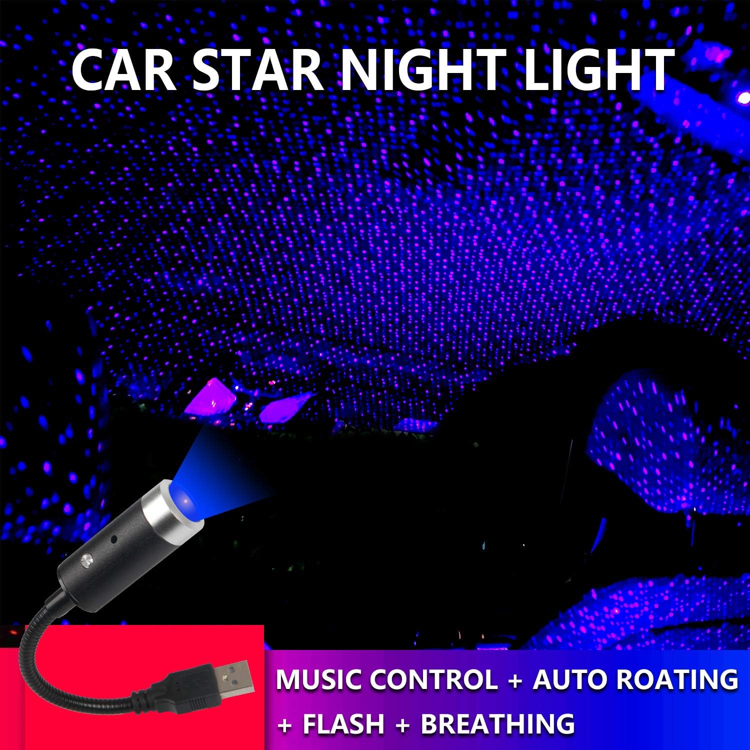Car Roof Star Night Light, Car Interior Ceiling Light Sound Activated Strobe with Auto Rotating, Portable Adjustable LED Show Romantic Atmosphere Star Night Projector for Car Bedroom Party etc (Blue)