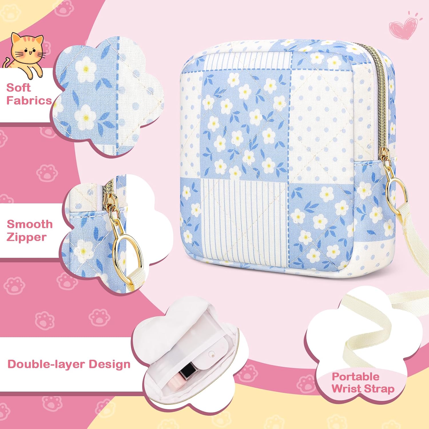 Likesing Period Bag, Quilted Sanitary Bags Tampon Bag for Purse-Pink Floral image 3