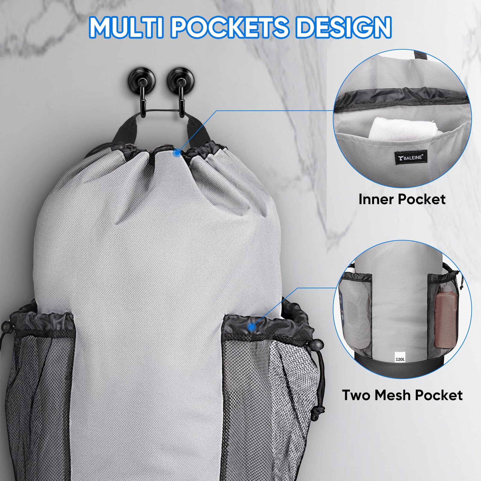 BALEINE Mochila de lavandería de 120 L, tela Oxford 600D, bolsas de lavandería con correas para los hombros y 2 bolsillos de malla