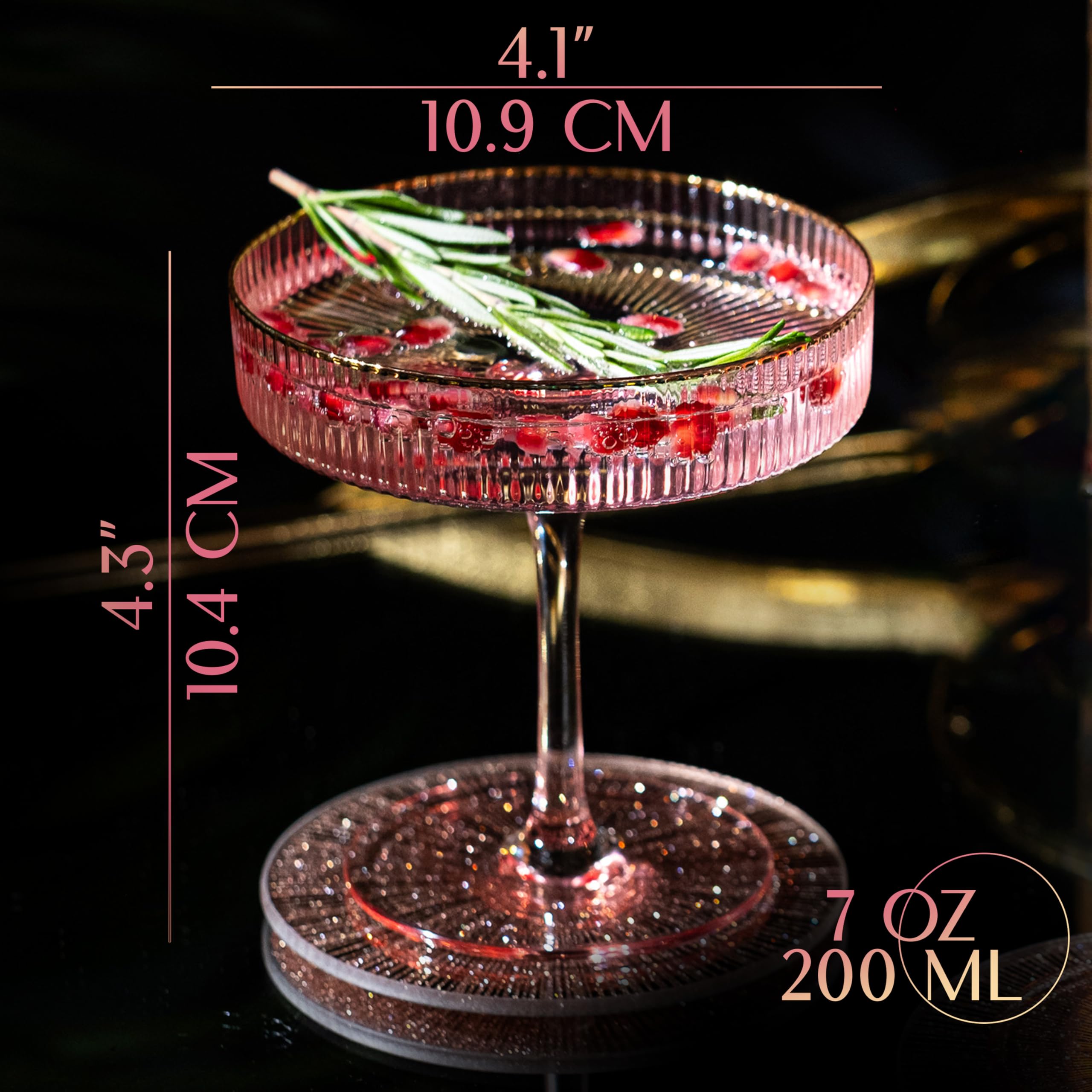 GLASSIQUE CADEAU Vintage Art Deco Blush Pink Coupe Glasses with Gold Rims | Set of 4 | 7 oz Crystal Ribbed Cocktail Glassware for Drinking Champagne, Martini, Cosmopolitan | Girly Speakeasy Saucers