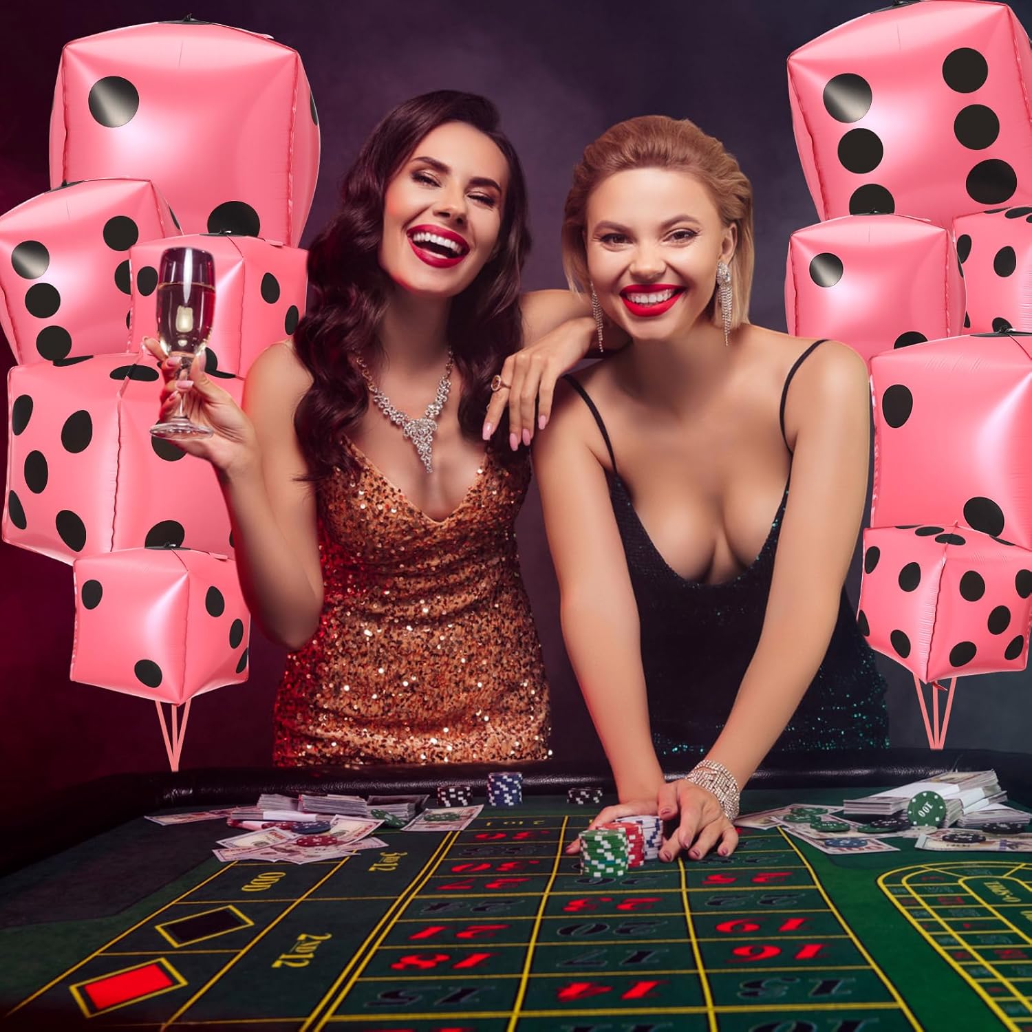 Lunmon 12 Pcs Jumbo Pink Dice Balloons for Casino Theme Party Decoration Inflatable Cube Foil 4d Square Dice Aluminum Large Balloons for Las Vegas Game Night Birthday Party Supplies