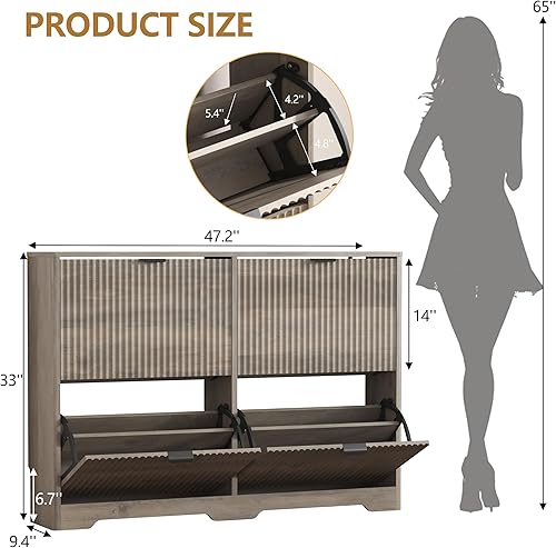 Miniatura 2 de Armario de almacenamiento para zapatos para entrada con 4 cajones abatibles, armario de zapatos acanalado gris con estantes ajustables, estante