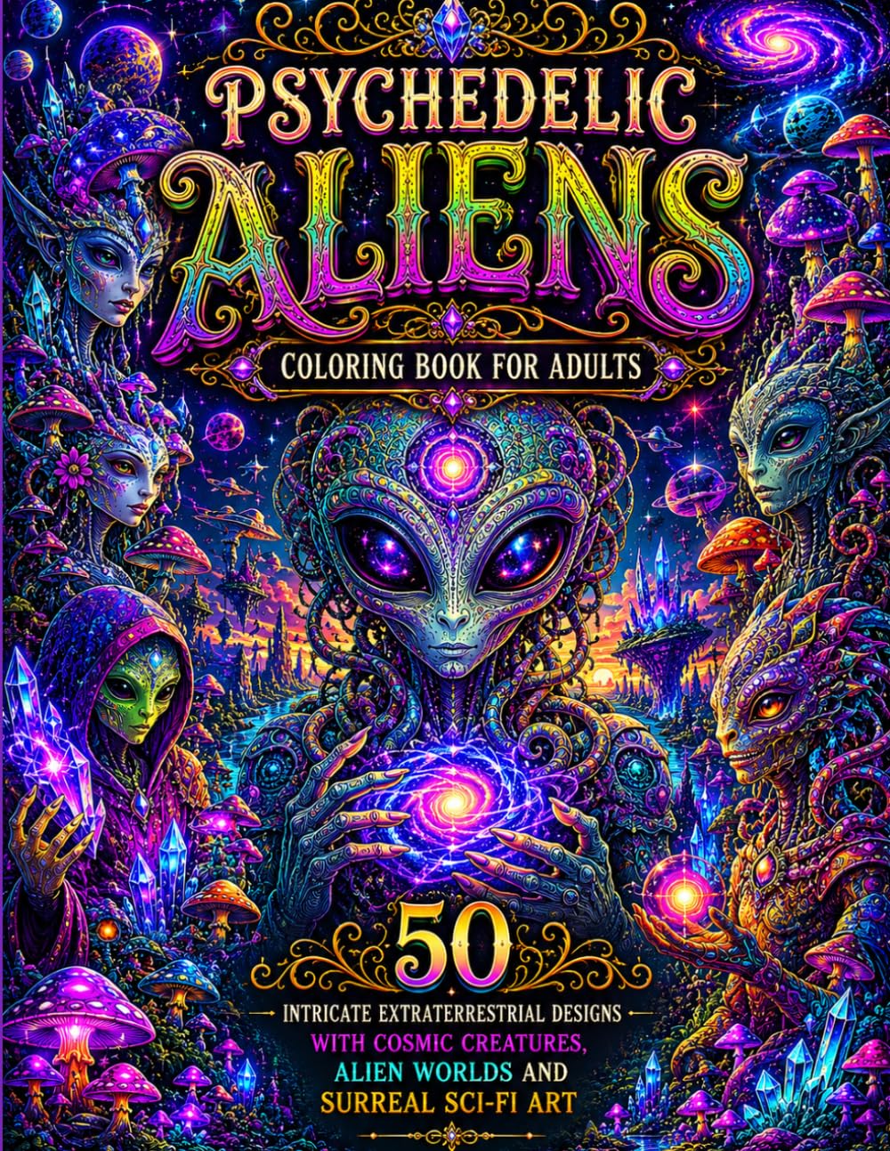 Psychedelic Aliens Coloring Book for Adults: 50 Intricate Extraterrestrial Designs with Cosmic Creatures, Alien Worlds and Surreal Sci-Fi Art