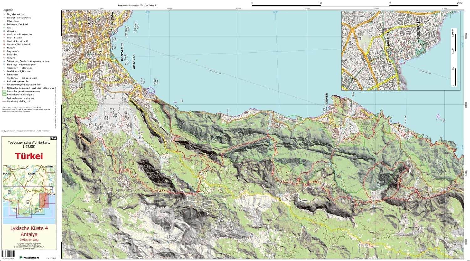 Lycian Coast 4 - Antalya - Lycian Way - Topographic Hiking Map 1:75,000 Turkey (Sheet 7.4): with Hiking Trails - Map (Turkey Travel Maps: Detailed Topographic Maps)