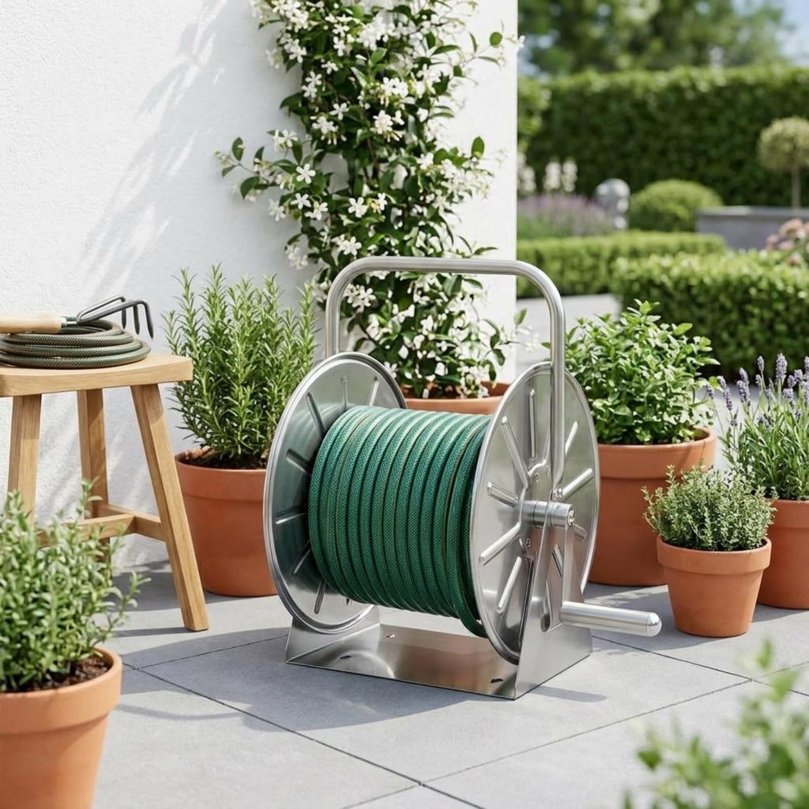 Hose Aufbewahrungsorganizer Schlauchtrommel Gartenschlauchaufroller Schlauchhalter aus Edelstahl für Außenbereich mit Sanftem Aufrollen Spart Zeit für Bewässerung Außenreinigung