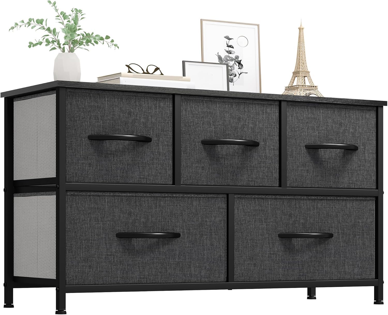YITAHOME Dresser for Room with 5 Drawers - Fabric Storage Tower, Long Fabric Dresser, Organizer Unit for Closet, Hallway Black Grey