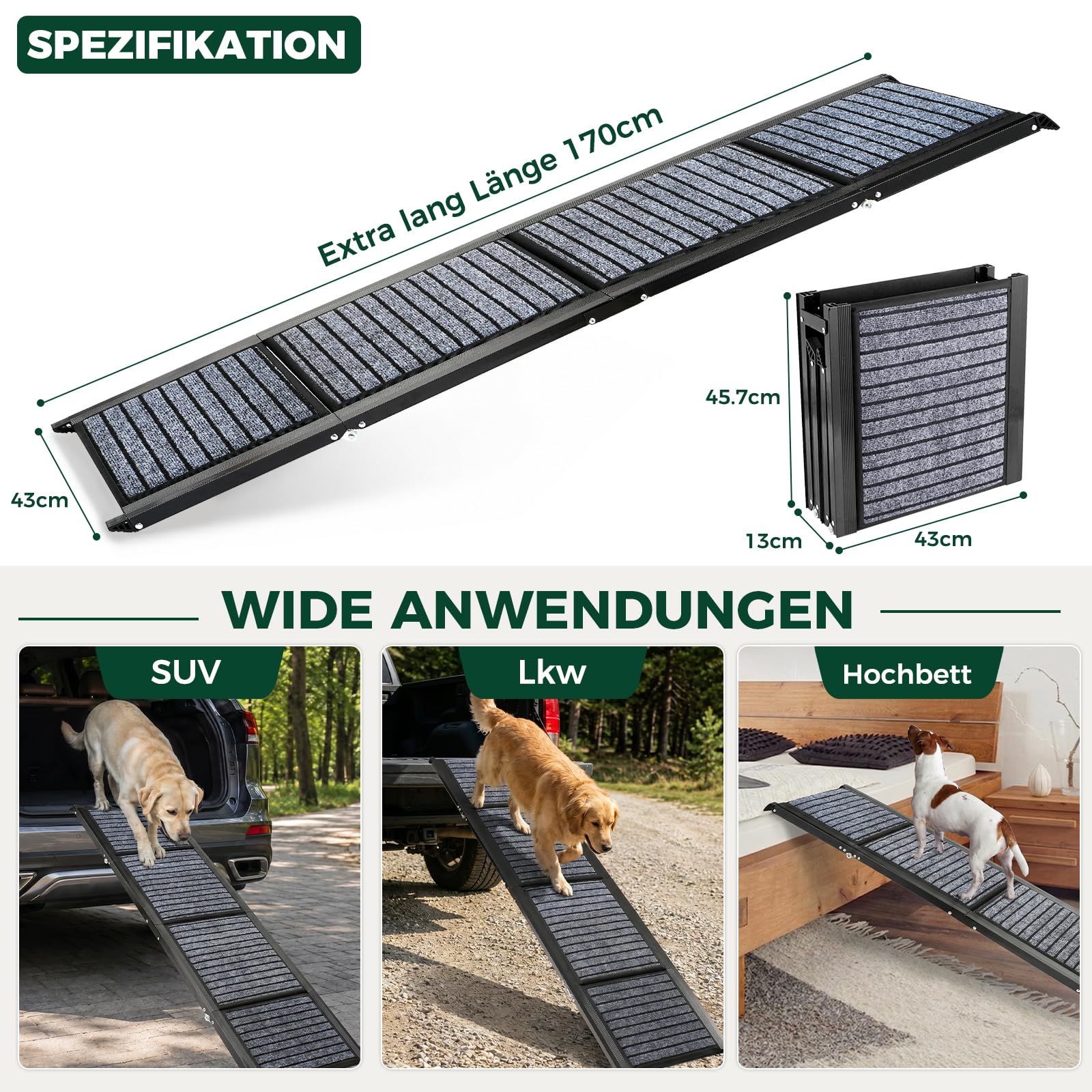 170 cm Extra Lange Hunderampe Auto Klappbar, rutschfeste Hundetreppe Auto mit Griffiger Teppichoberfläche, Stabile Aluminiumrampe für Große und Mittelgroße Hunde bis 110 kg, für SUV, Auto und LKW