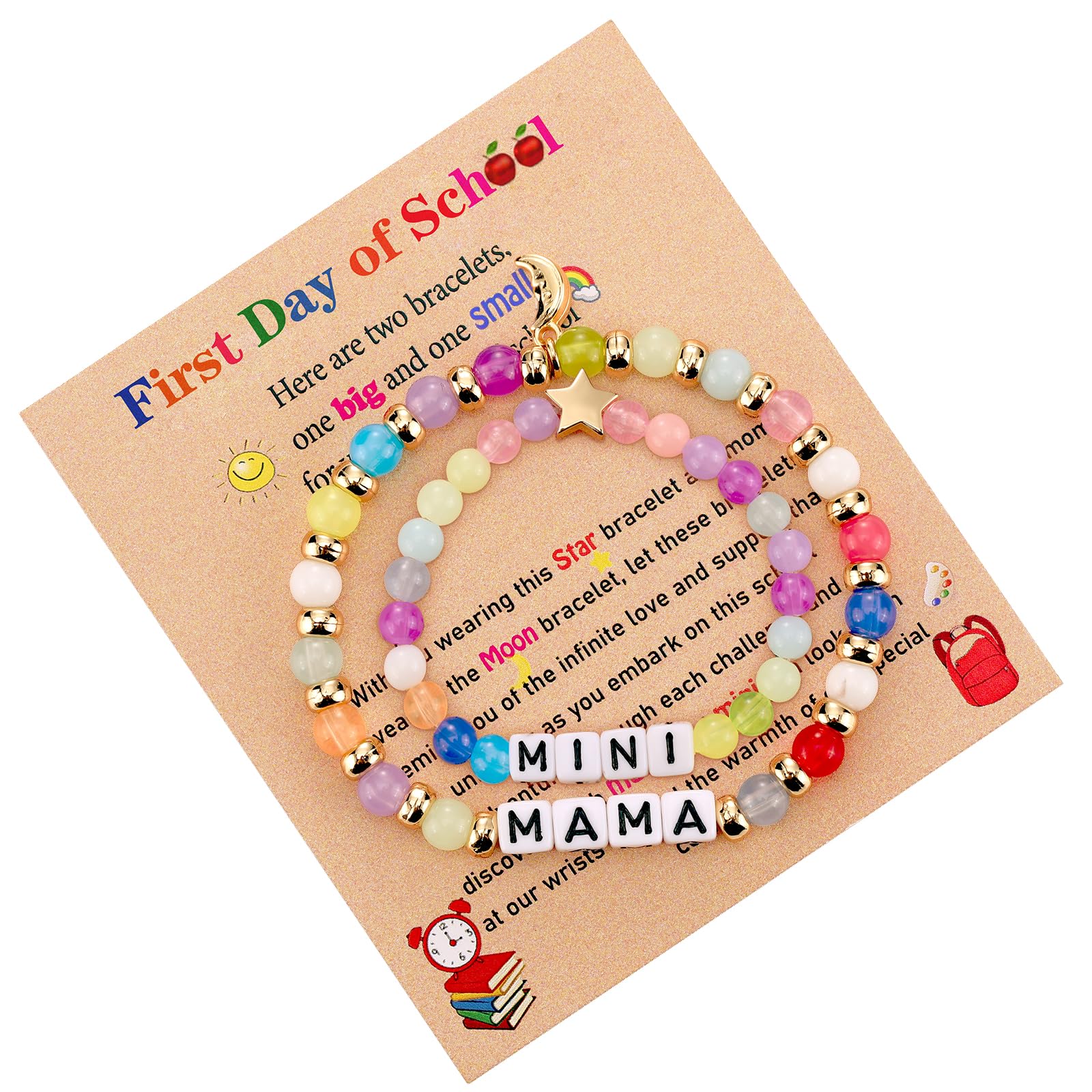 VULETO Back to School Bracelets Mommy and Me, First Day of Kindergarten Preschool Bracelet, Mama Mini Matching Bracelets Set for 2, Mom and Daughter