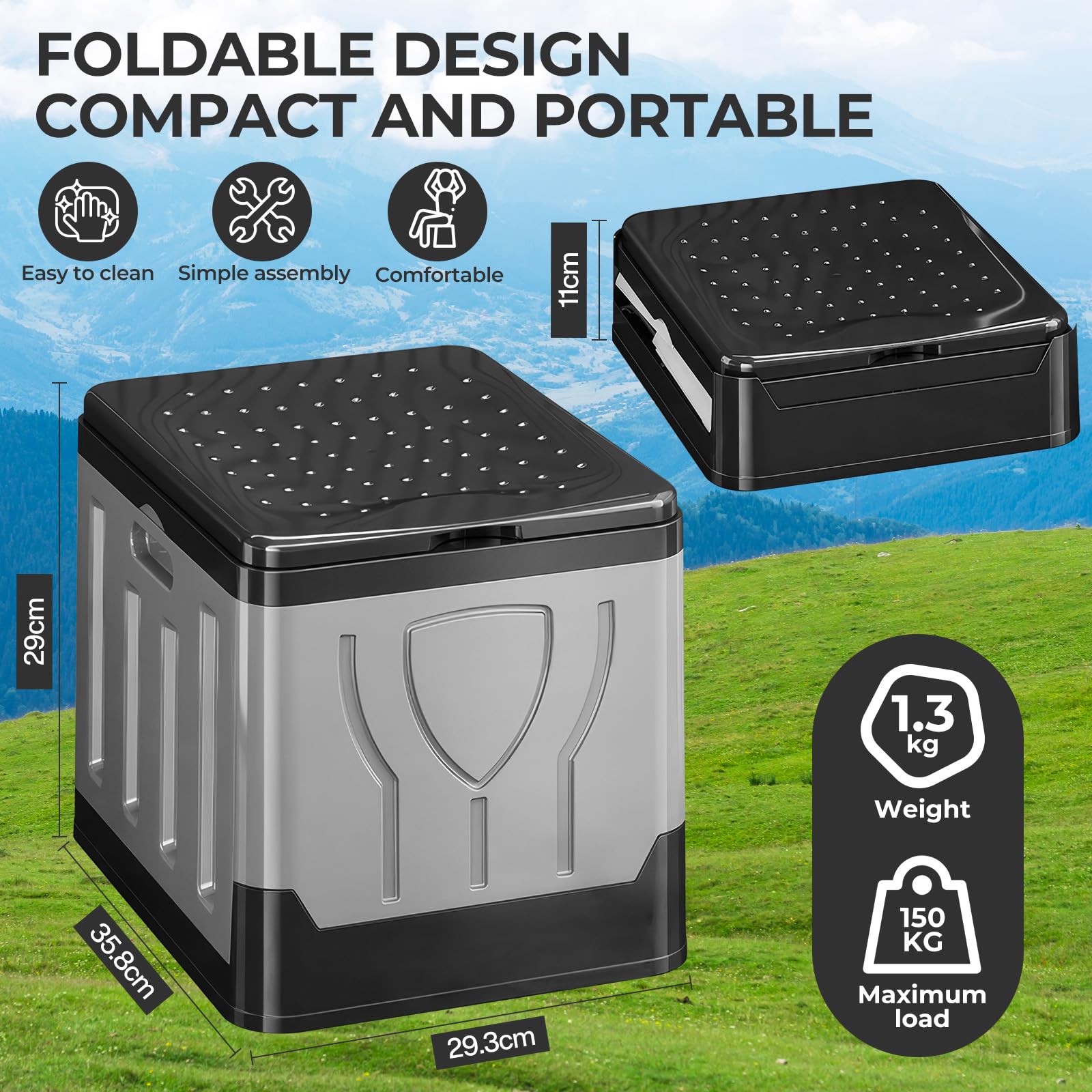 WC Portatile 20 L Capiente, Toilette Portatile Campeggio Pieghevole, Water Portatile Adulti Max 150 kg con 24 Sacchetti Igienici, Borsa per Il Trasporto & Cuscino per Campeggio, Auto, Viaggi